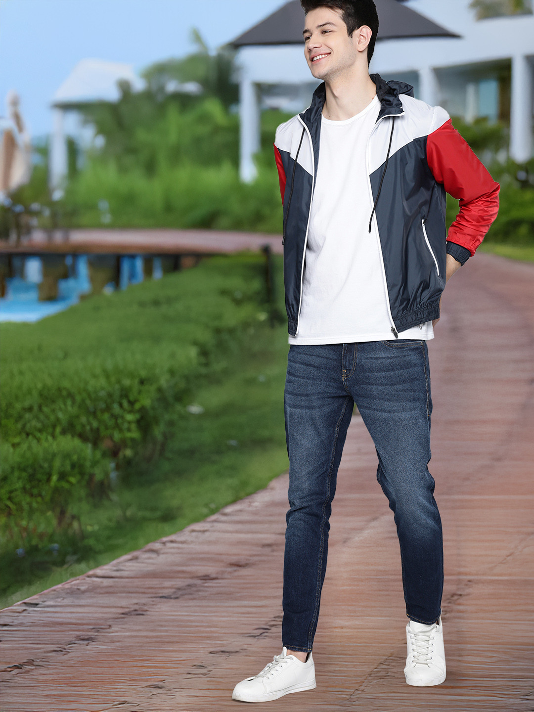 Mast & Harbour Men Navy Blue and White Colourblocked Lightweight Jacket