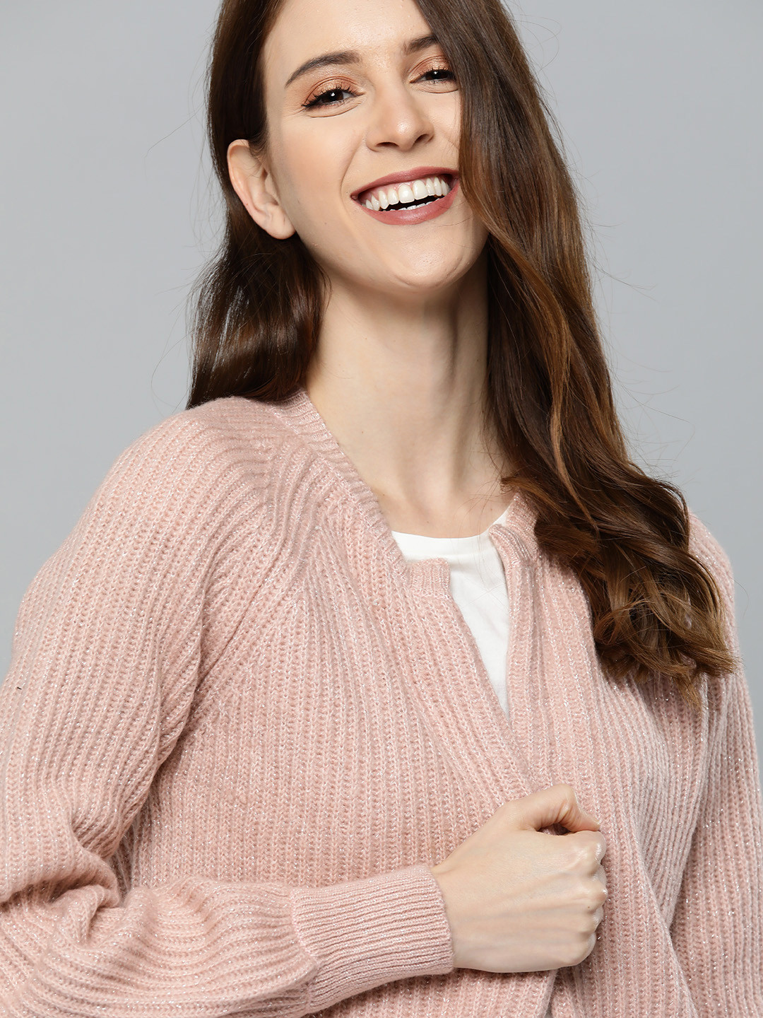 Mast & Harbour Women Dusty Pink Shimmer Effect Striped Front-Open Sweater