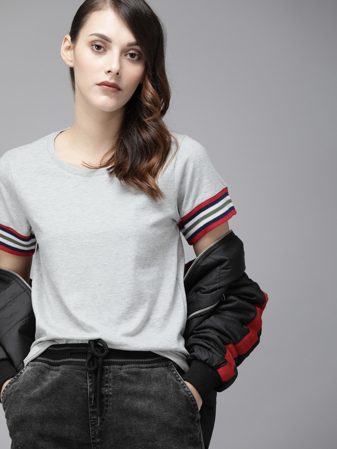 Roadster Women Grey Melange Solid Round Neck Contrast Rib T-shirt