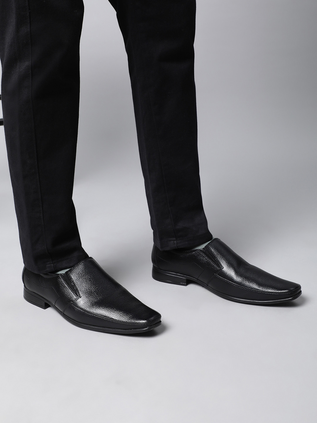 Liberty Men Black Solid Leather Formal Slip-Ons