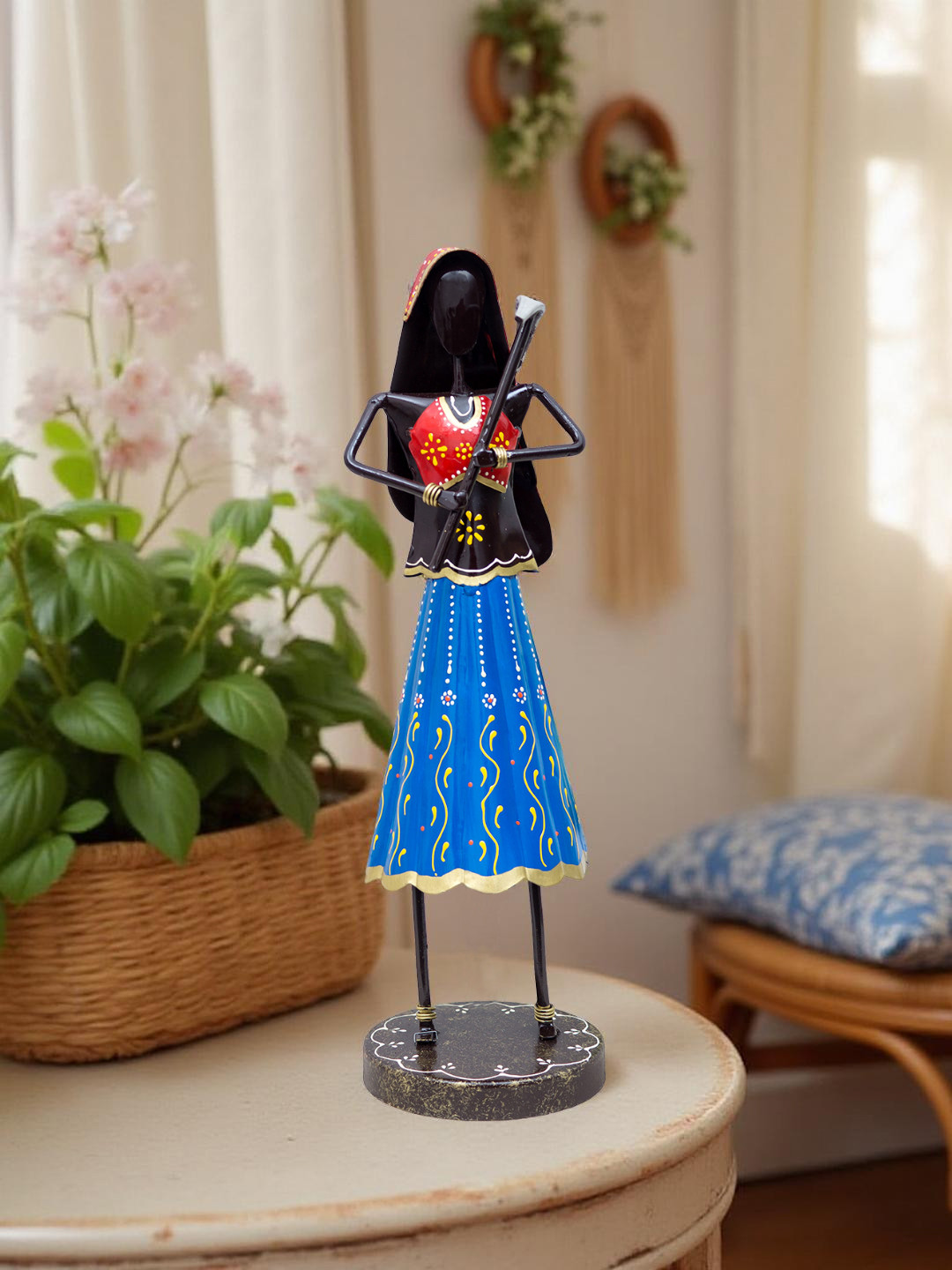 Golden Peacock Lady Farmer Blue Metal Matte Living Room Hand-Crafted Medium Showpiece - 14 Inches