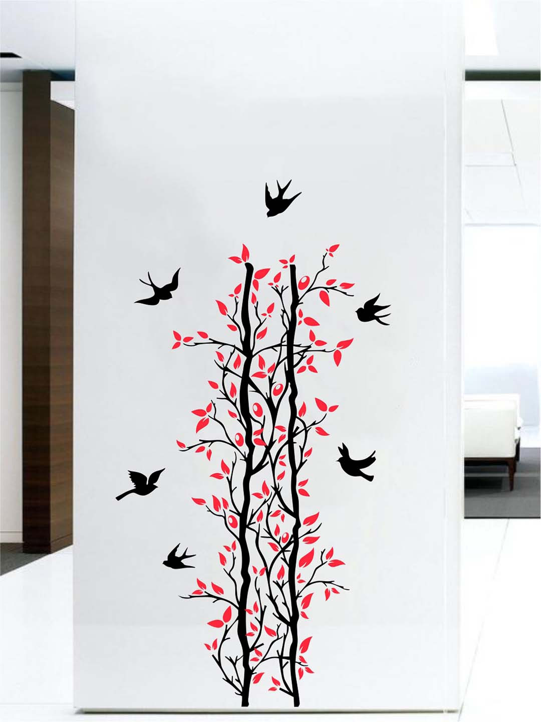rawpockets Black & Red Tall Trees with Birds Wall Stickers