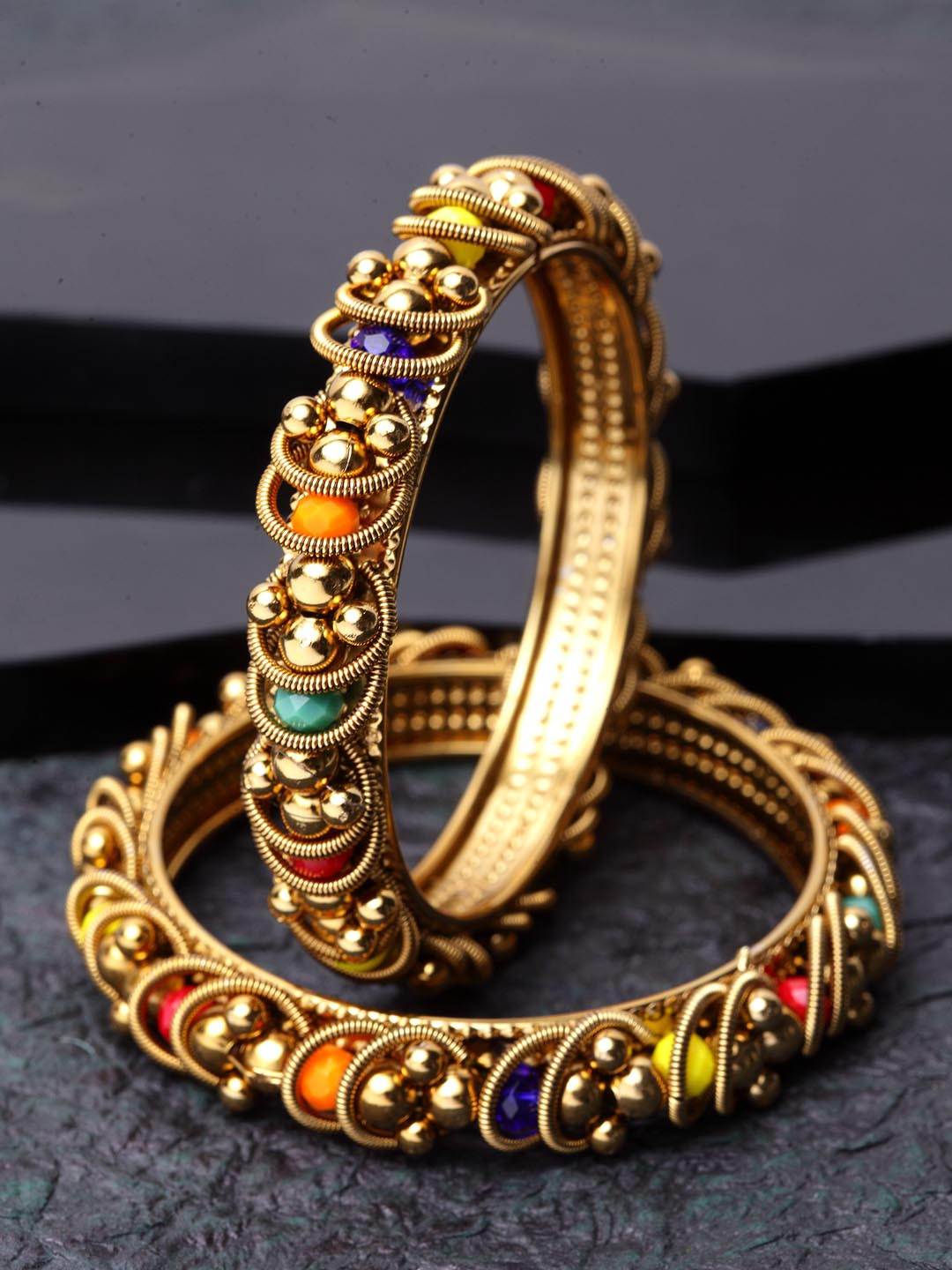 Shining Diva Set of 2 Gold-Plated & Orange Stoned-Studded Bangles