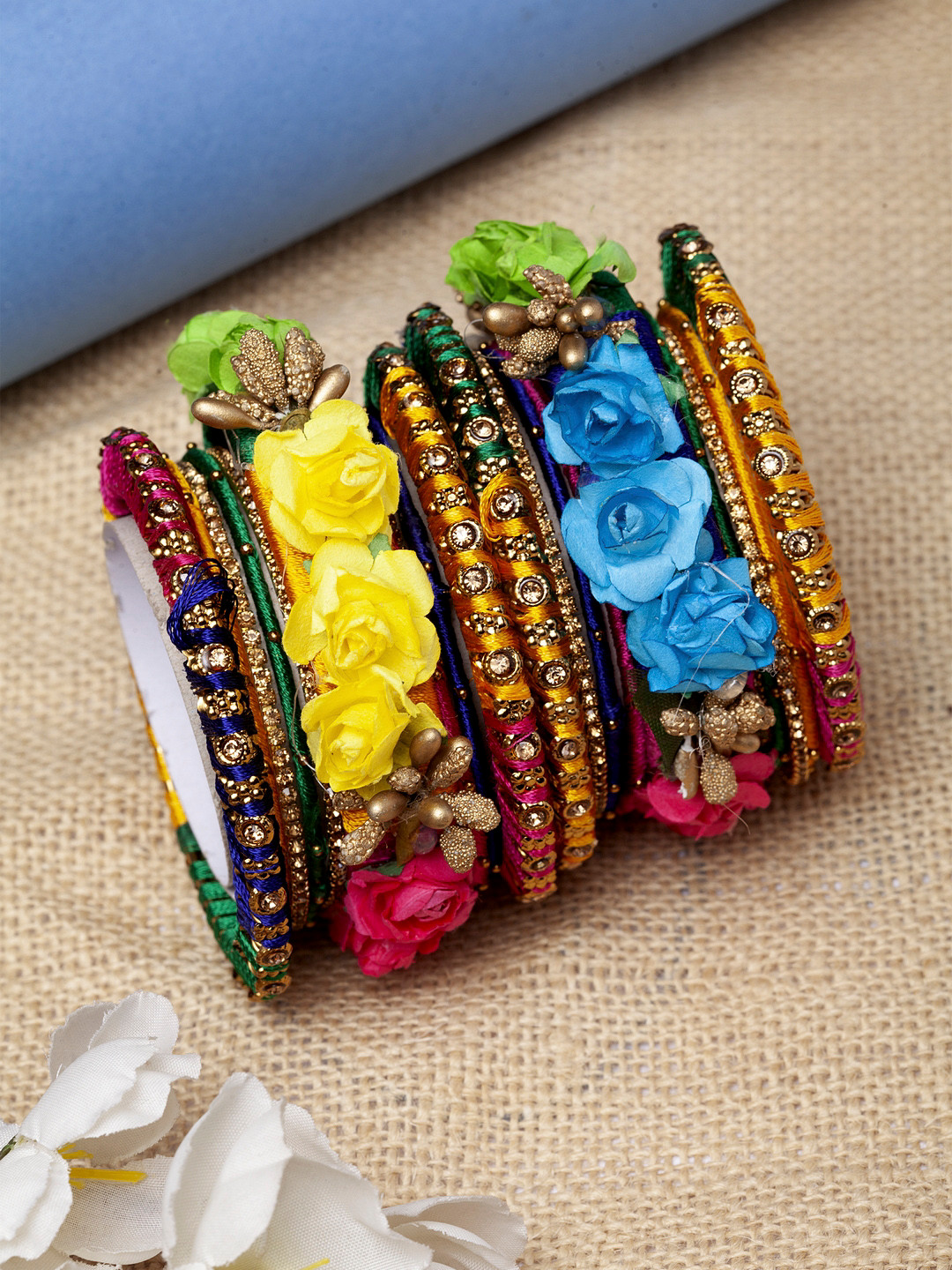 Shining Diva Set Of 20 Gold-Toned & Yellow Stone-Studded Handcrafted Bangles