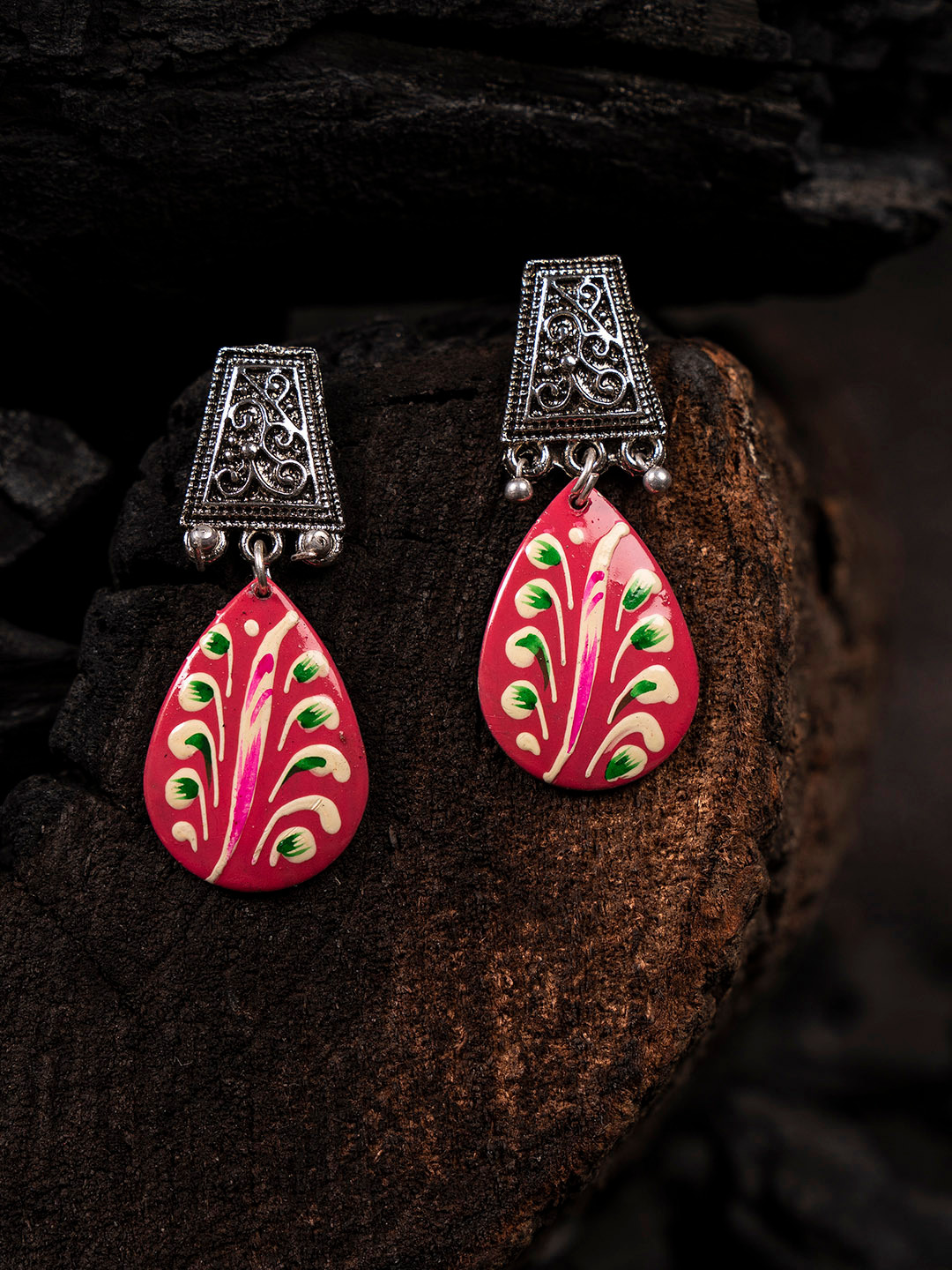 Shoshaa Pink & Gunmetal-Toned Teardrop Shaped Drop Earrings