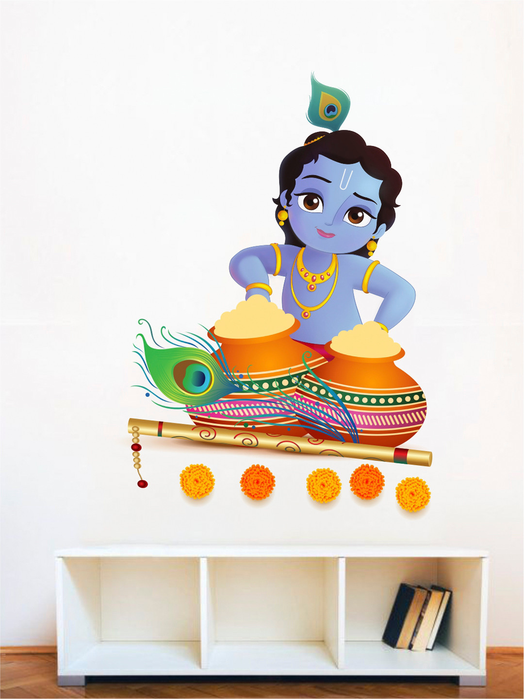 rawpockets Multicolour PVC Krishna with Butter Pot Wall Sticker 40x60