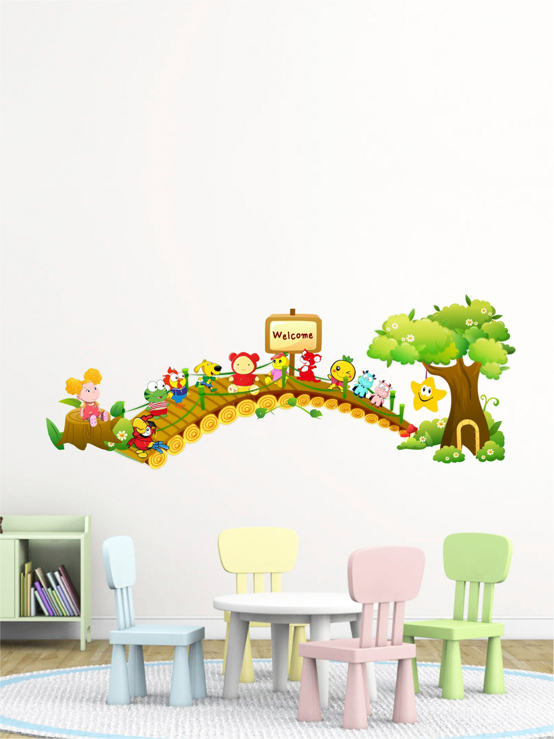 rawpockets Multicoloured Cartoons On Bridge Wall Stickers