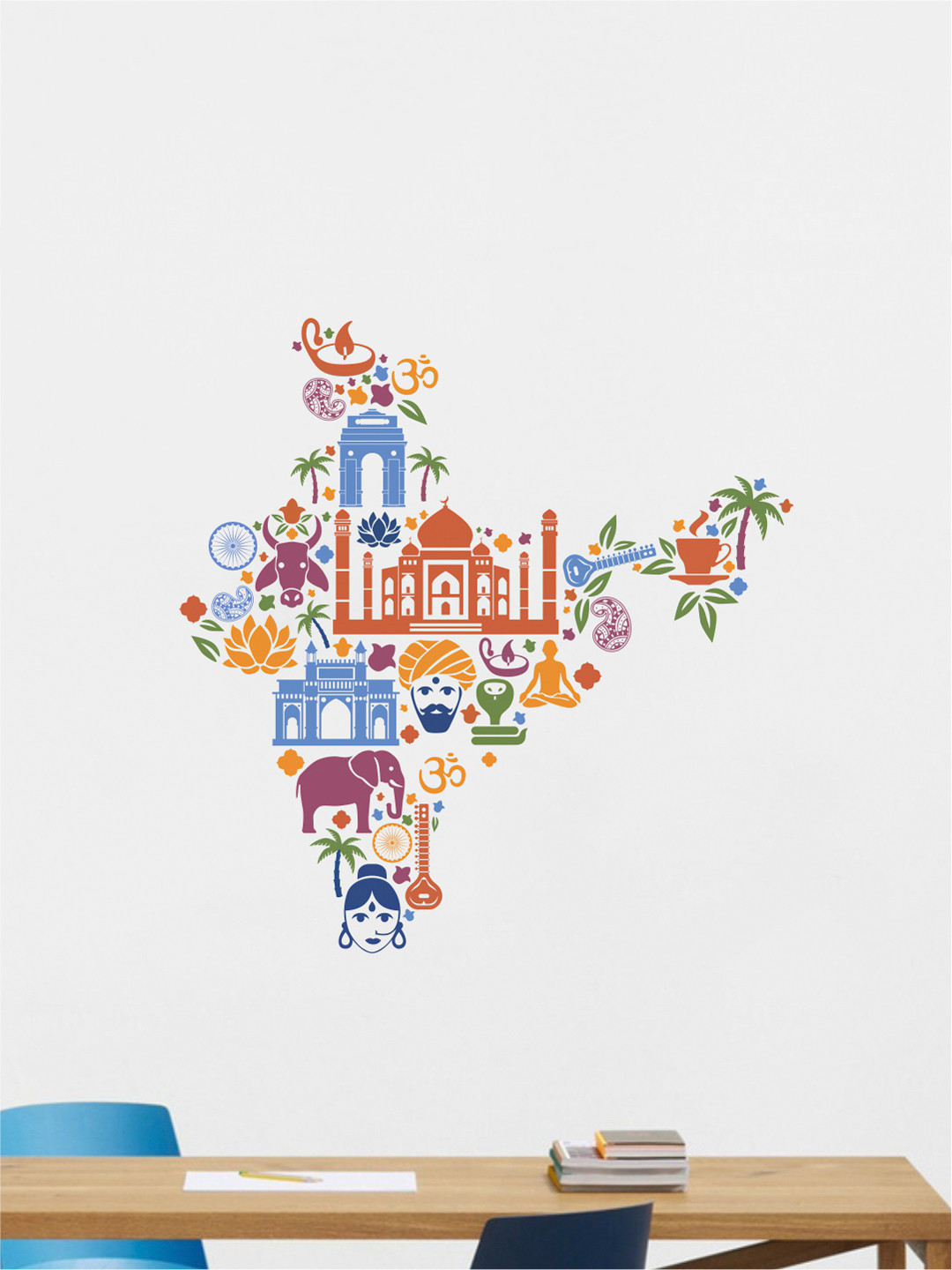 rawpockets Multicolored Indian Culture Map PVC Vinyl Wall Stickers