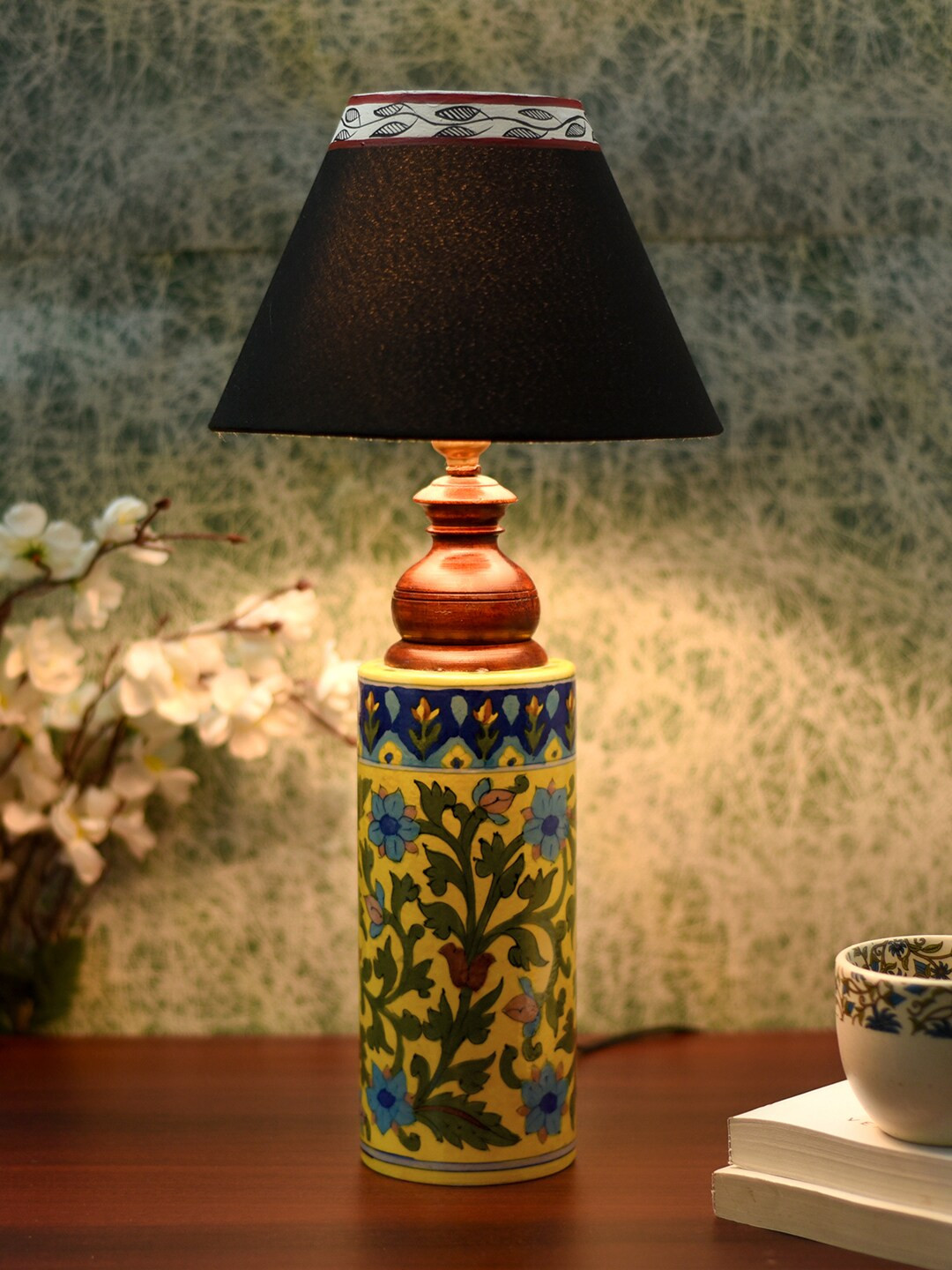 Unravel India Yellow & Black Printed Handcrafted Mughal Art Bedside Lamp