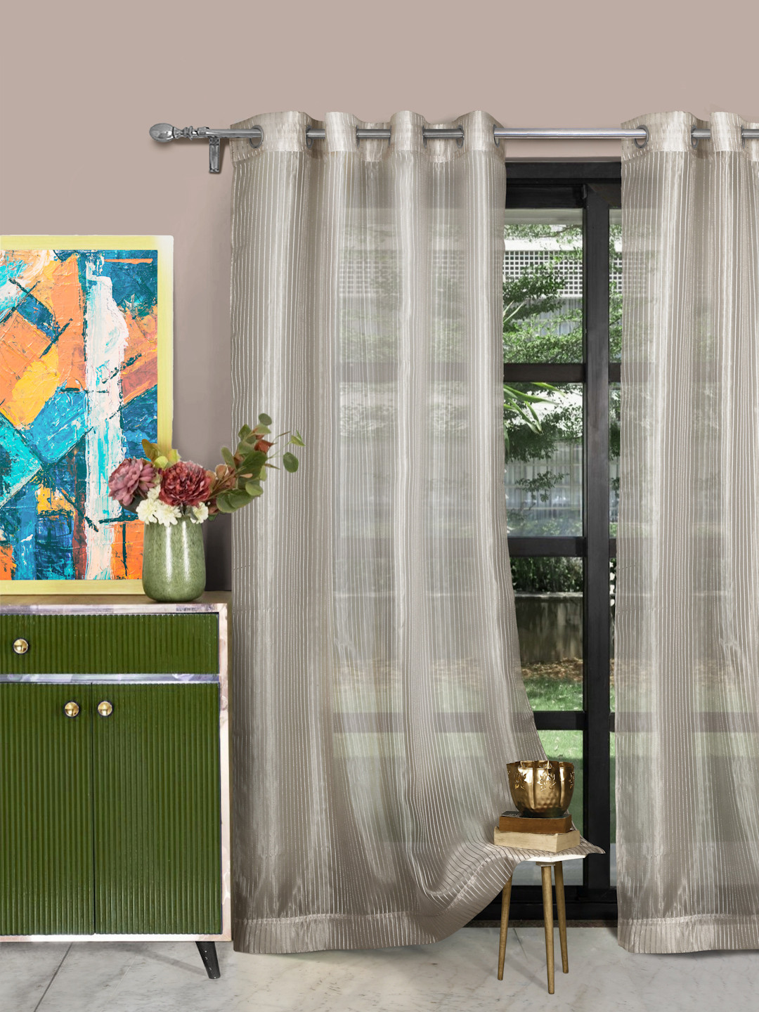 ROSARA HOME Grey Striped Set of 2 Door Curtains