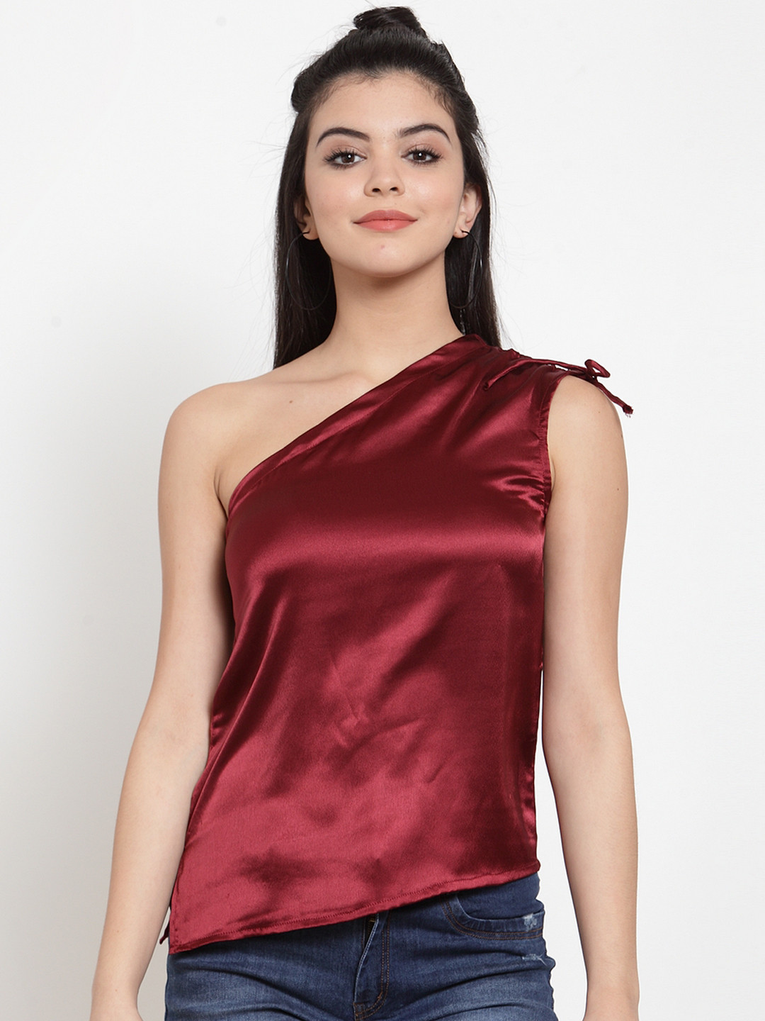 J Style Women Maroon Solid High-Low Top