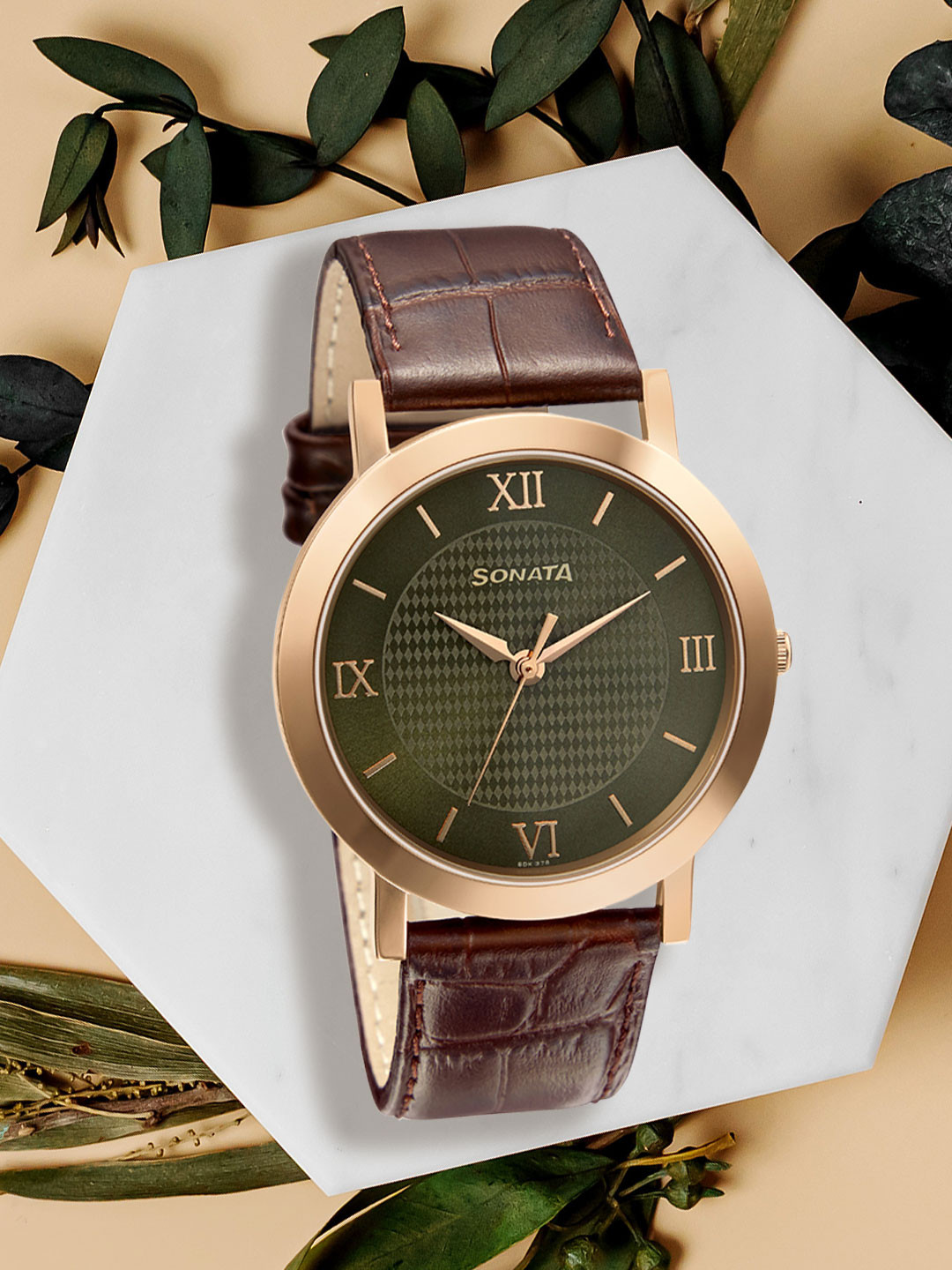 Sonata Men Olive Green Analogue Watch 77108WL01