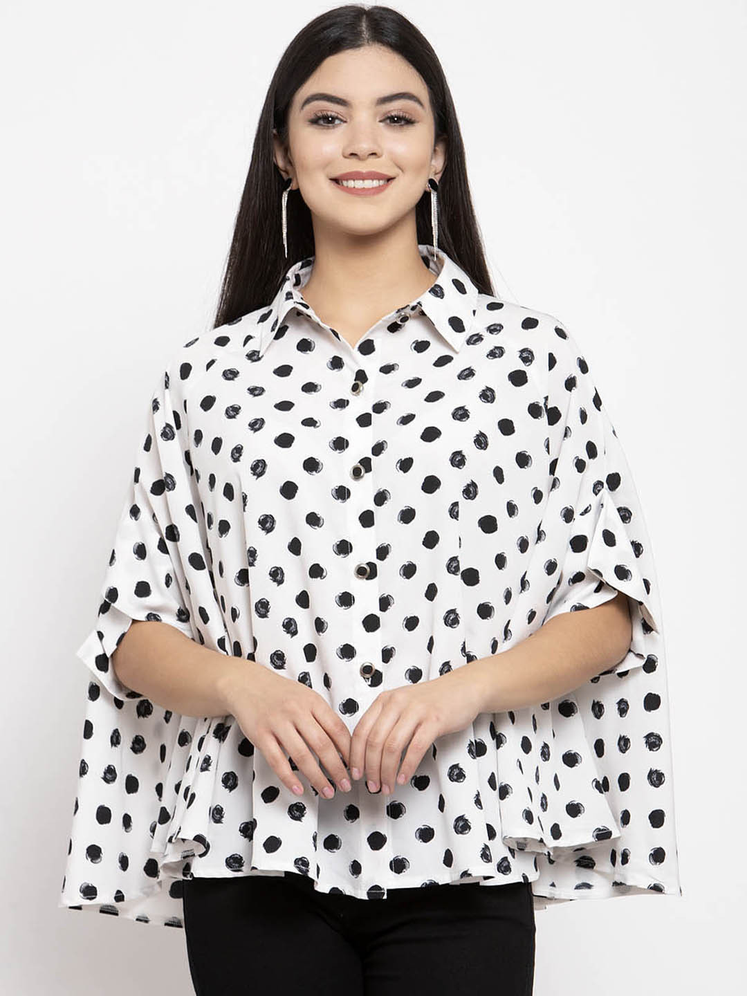 KASSUALLY Women Black & White Printed Shirt Style Poncho Top
