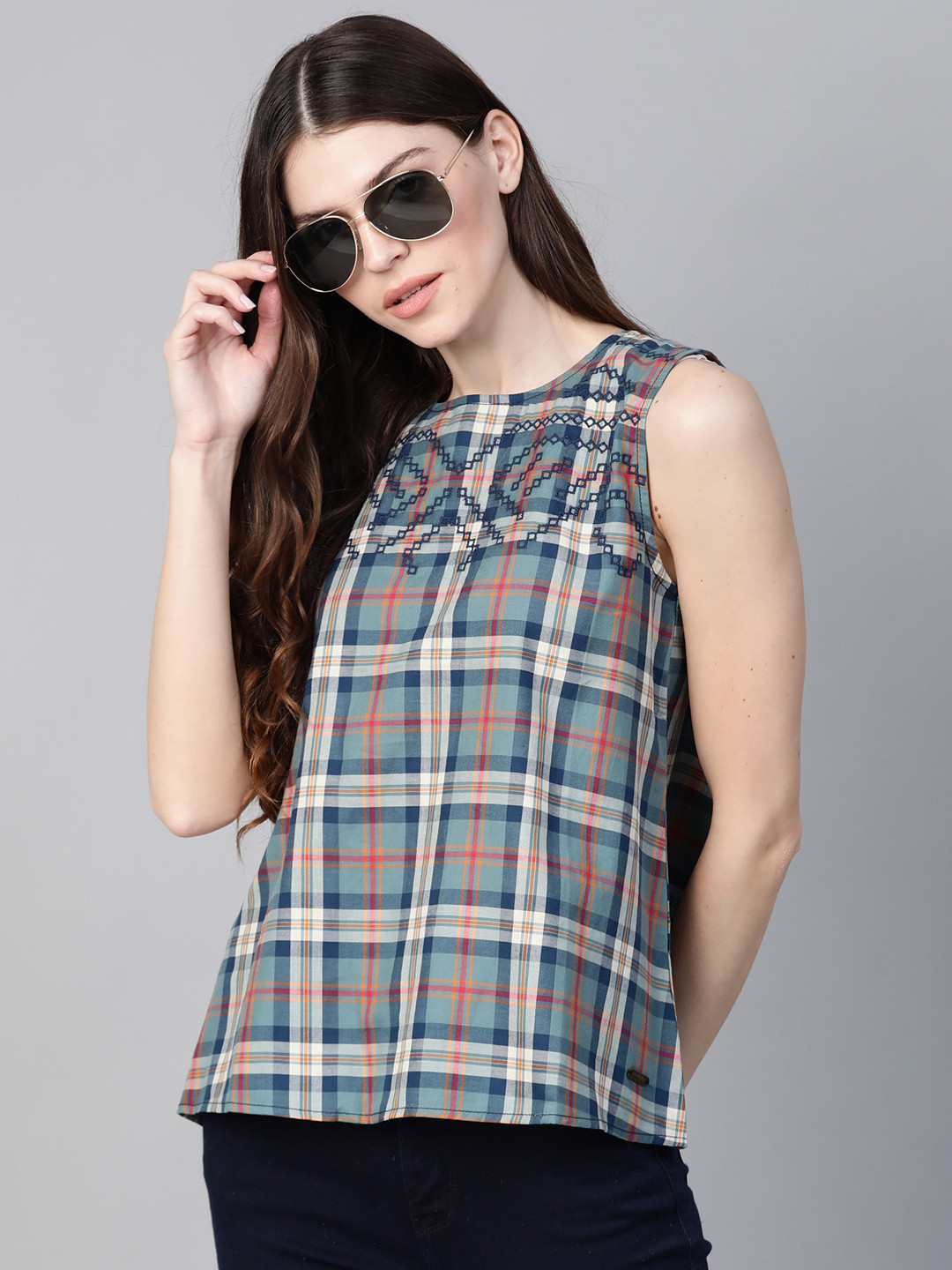 Roadster Women Blue & Red Checked A-Line Pure Cotton Top
