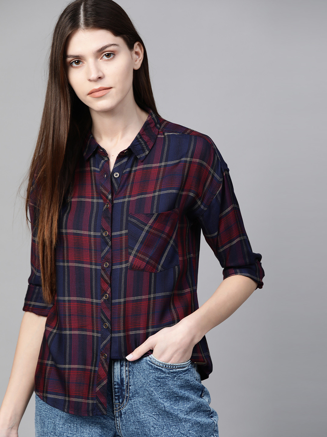 Roadster Women Navy Blue & Maroon Regular Fit Checked Casual Shirt