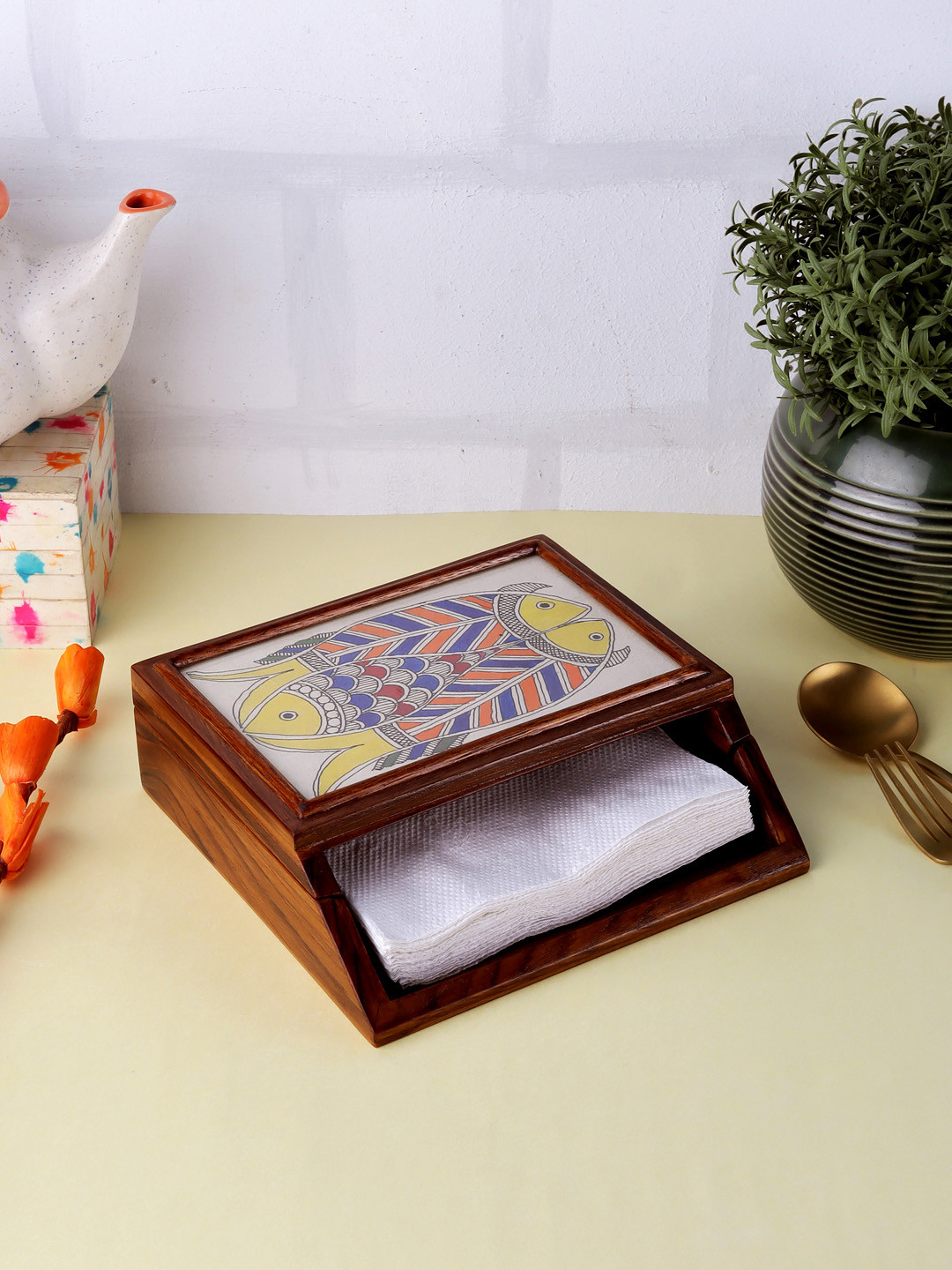 VarEesha Brown & Yellow Hand-Painted Madhubani Teak Wood Napkin Holder