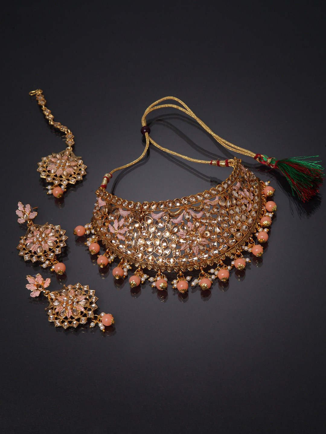 ANIKAS CREATION Gold-Plated Peach-Coloured & Pink Kundan-Studded Enamelled Bridal Look Choker Jewellery Set