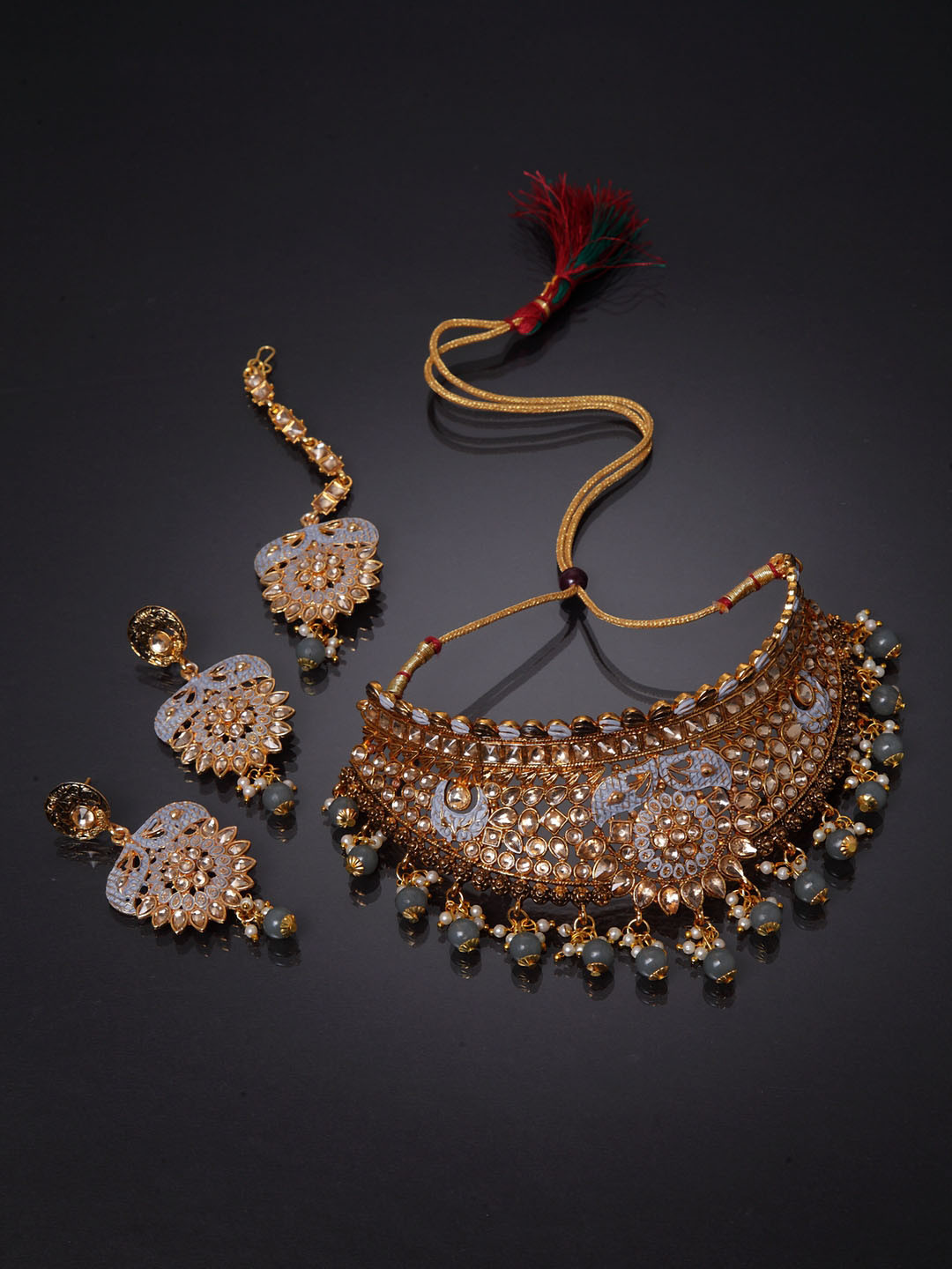ANIKAS CREATION Gold-Plated & Grey Enamelled Bridal Look Choker Jewellery Set