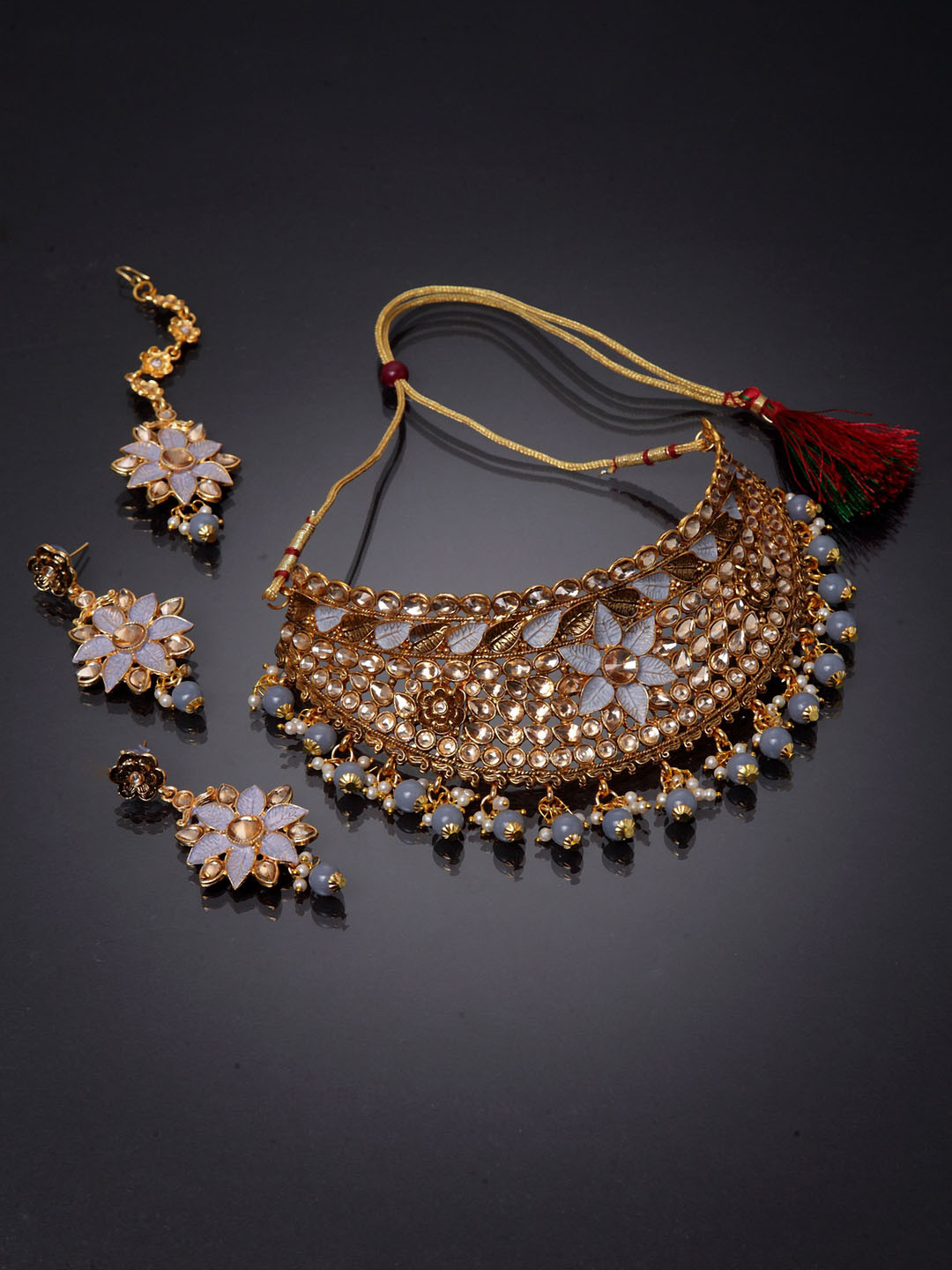 ANIKAS CREATION Gold-Plated & Grey Kundan-Studded Enamelled Bridal Look Choker Jewellery Set