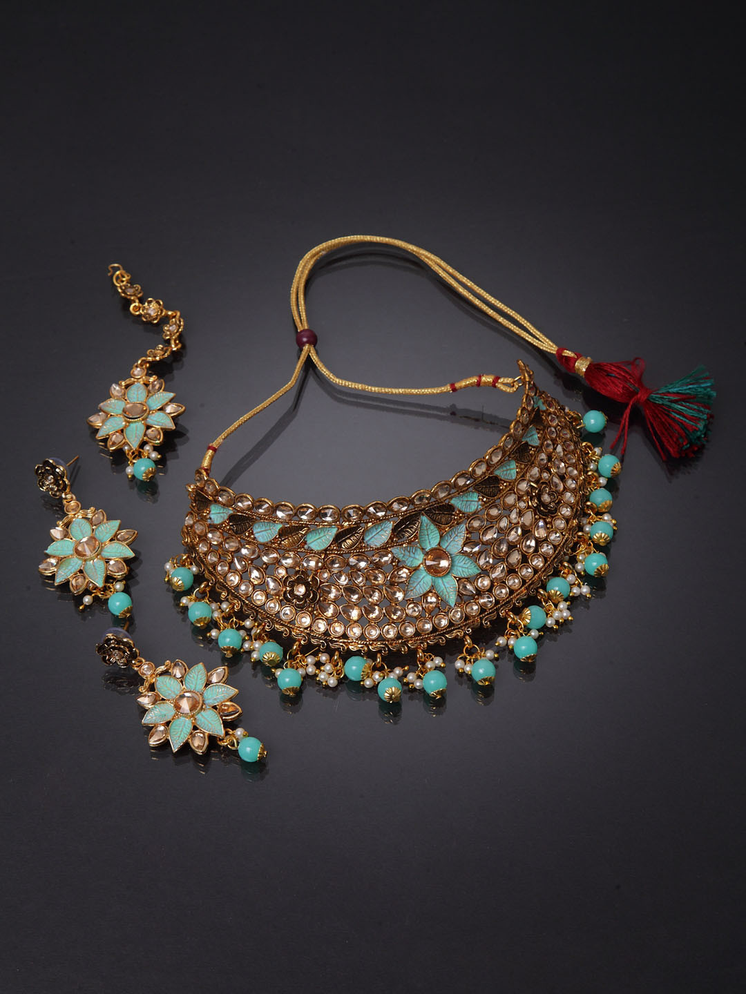 ANIKAS CREATION Gold-Plated Beige & Sea Green Kundan-Studded Enamelled Bridal Look Choker Jewellery Set