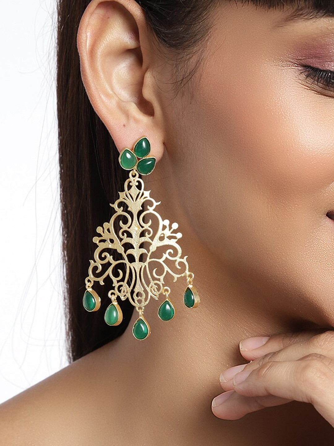 Binnis Wardrobe Gold-Plated & Green Contemporary Drop Earrings