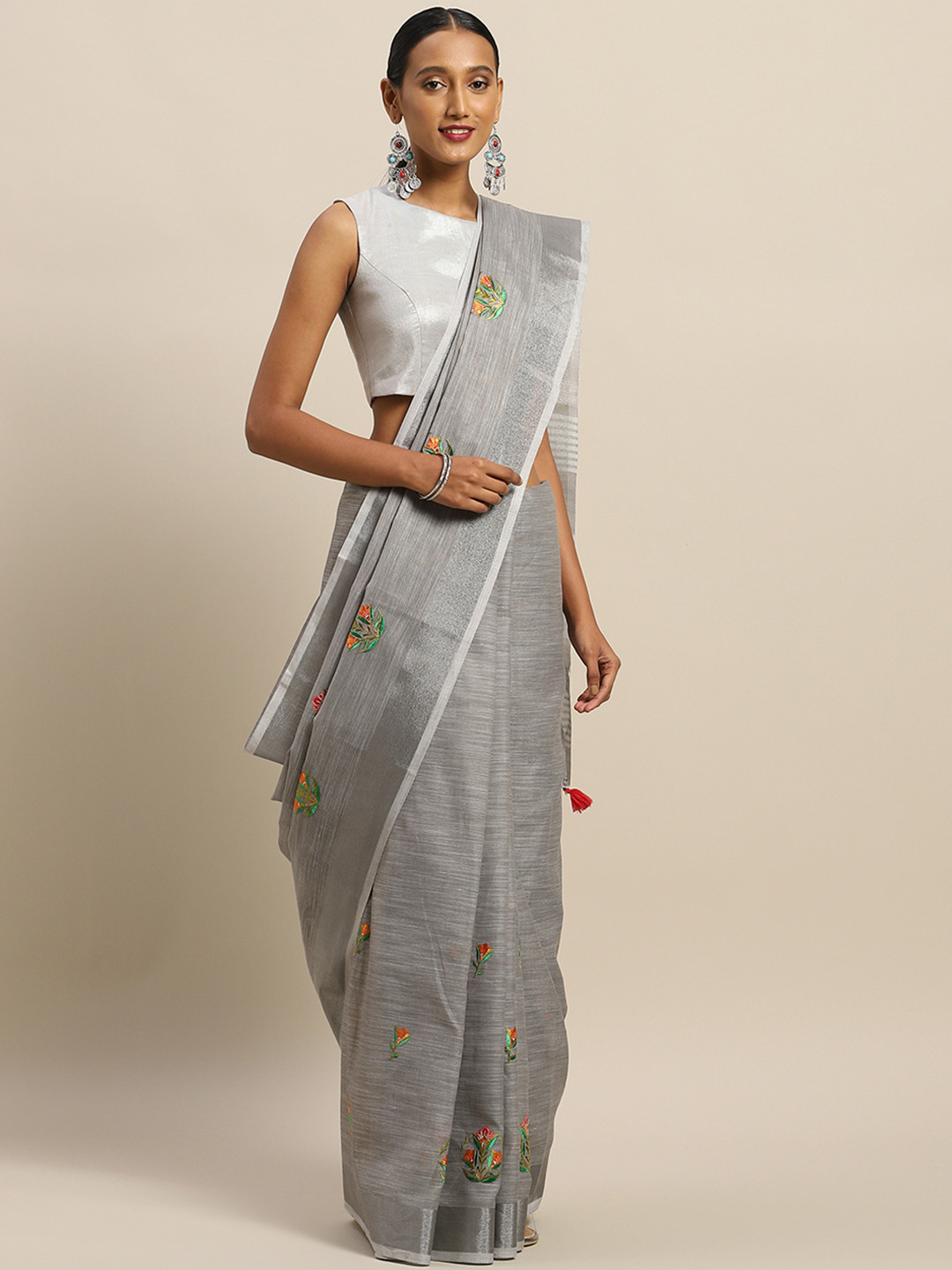 SANGAM PRINTS Grey Linen Blend Embroidered Handloom Kota Saree