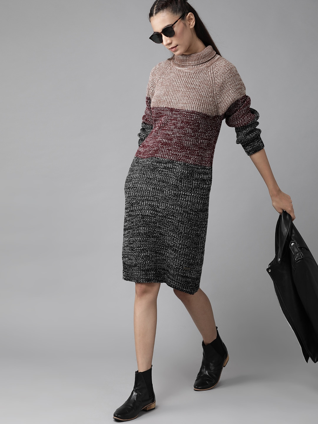 Roadster Women Burgundy & Charcoal Grey Colourblocked Jumper Dress