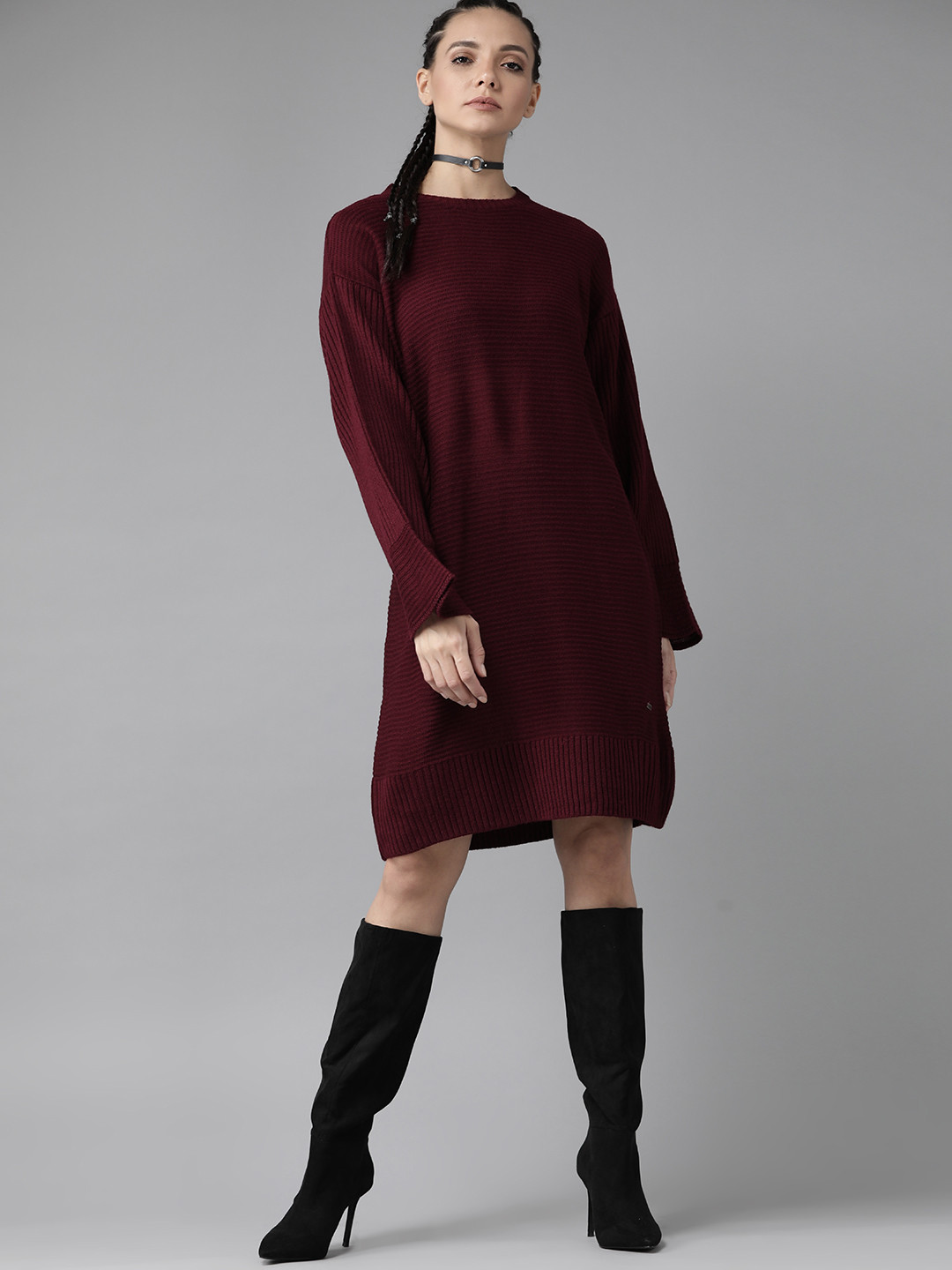 Roadster Women Maroon Self-Striped Jumper Dress