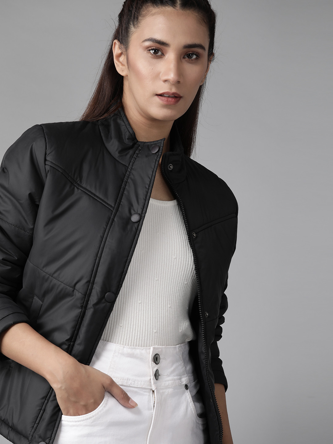 Roadster Women Black Solid Padded Jacket
