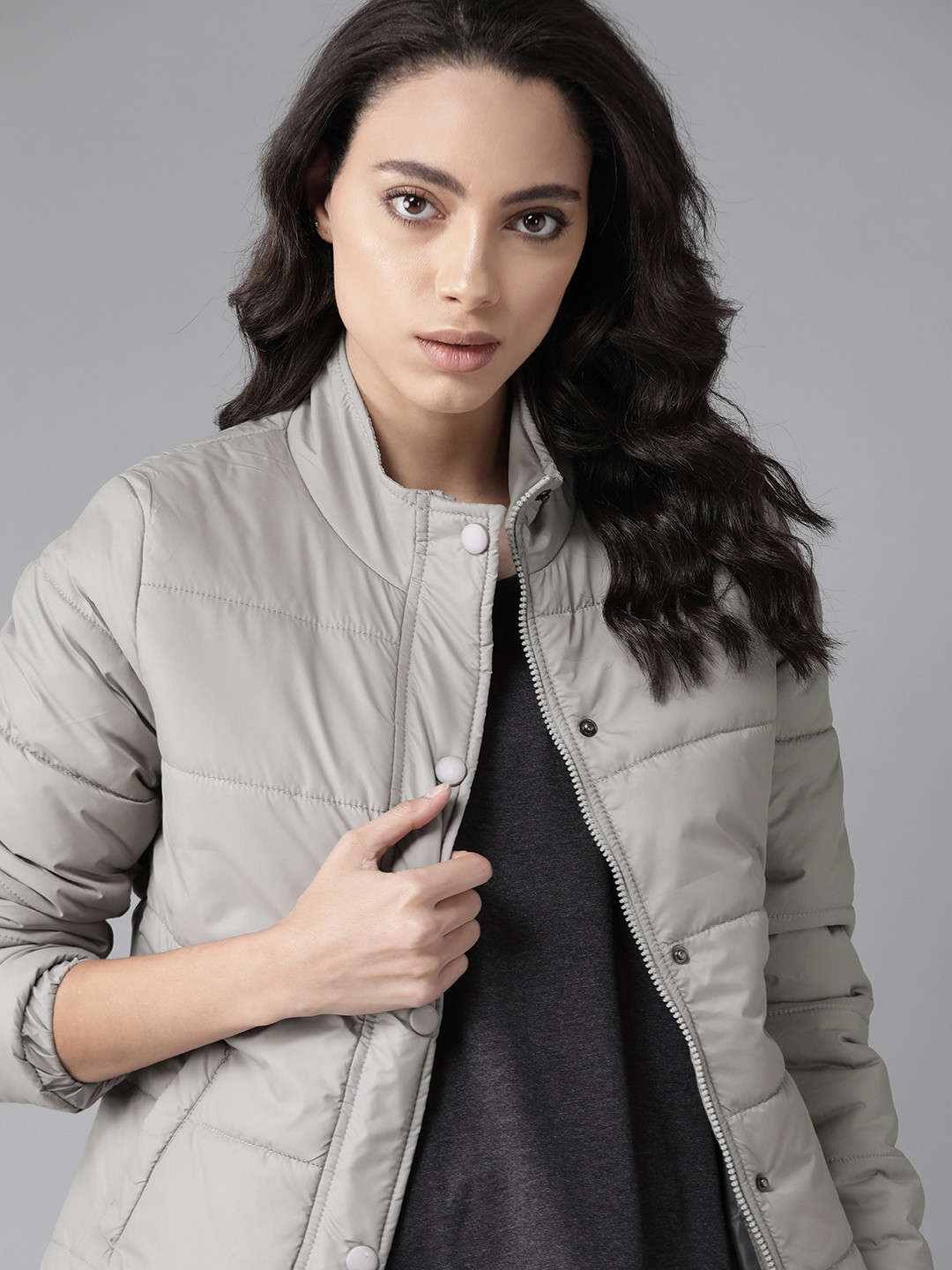 Roadster Women Grey Solid Padded Jacket