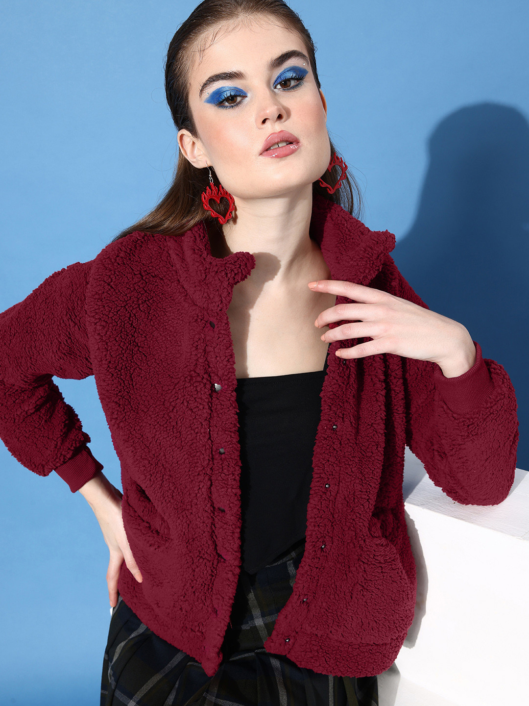 Roadster Women Burgundy Solid Sherpa Tailored Jacket