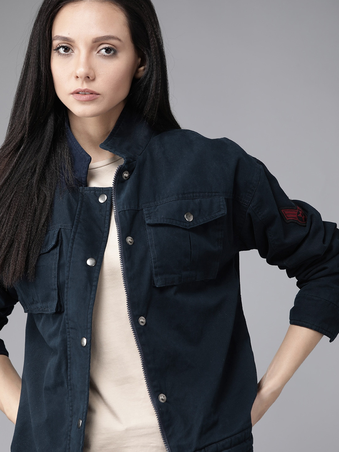 Roadster Women Navy Blue Antiviral Protective Finish Solid Tailored Jacket