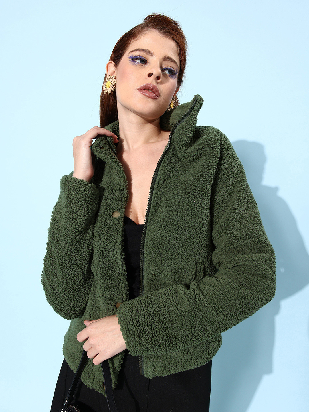 The Roadster Life Co. Women Olive Green Mock Collar Fur Tailored Jacket