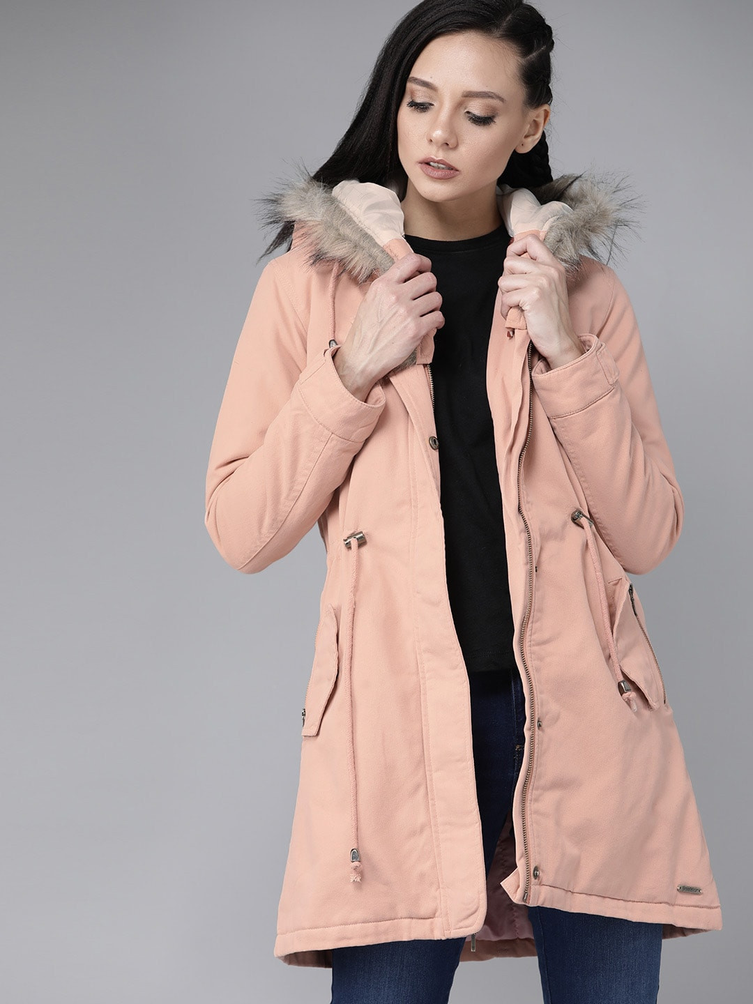 Roadster Peach-Coloured Antiviral Protective Finish Solid Hooded Longline Parka Jacket