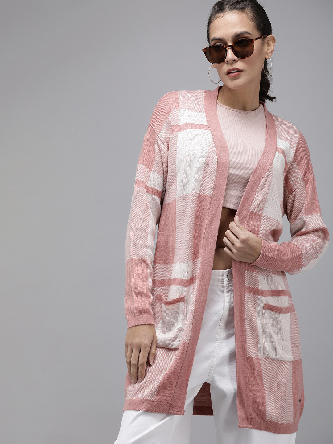 The Roadster Life Co. Acrylic Checked Longline Front-Open Shrug Sweater