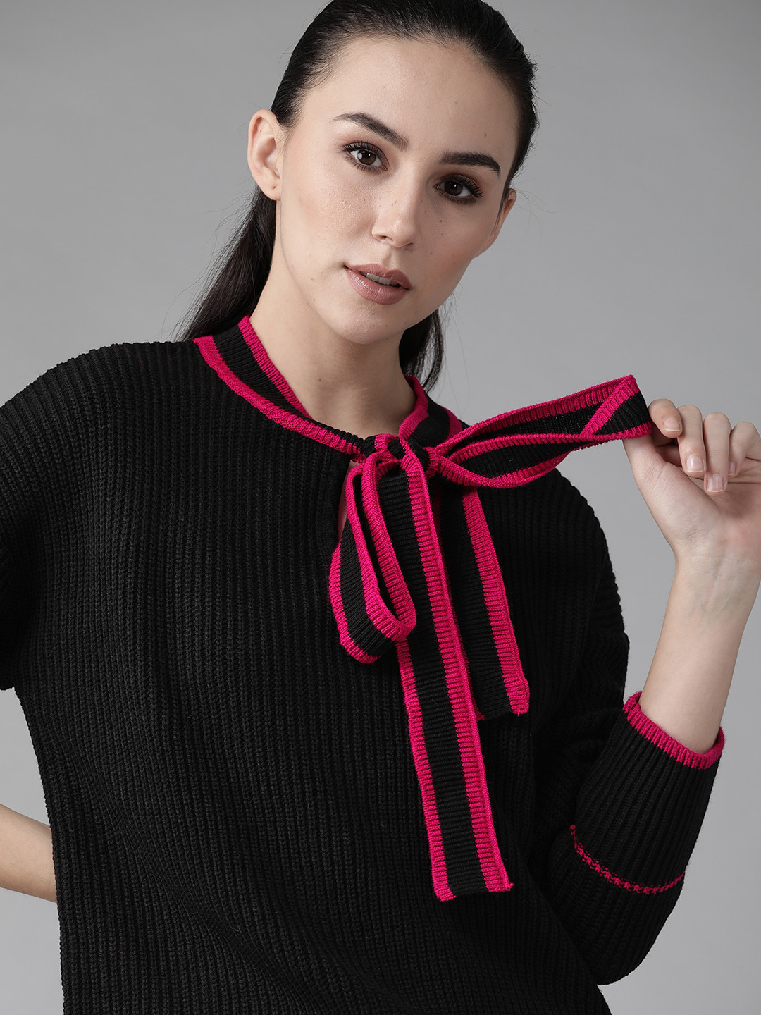 Roadster Women Black Ribbed Pullover Sweater