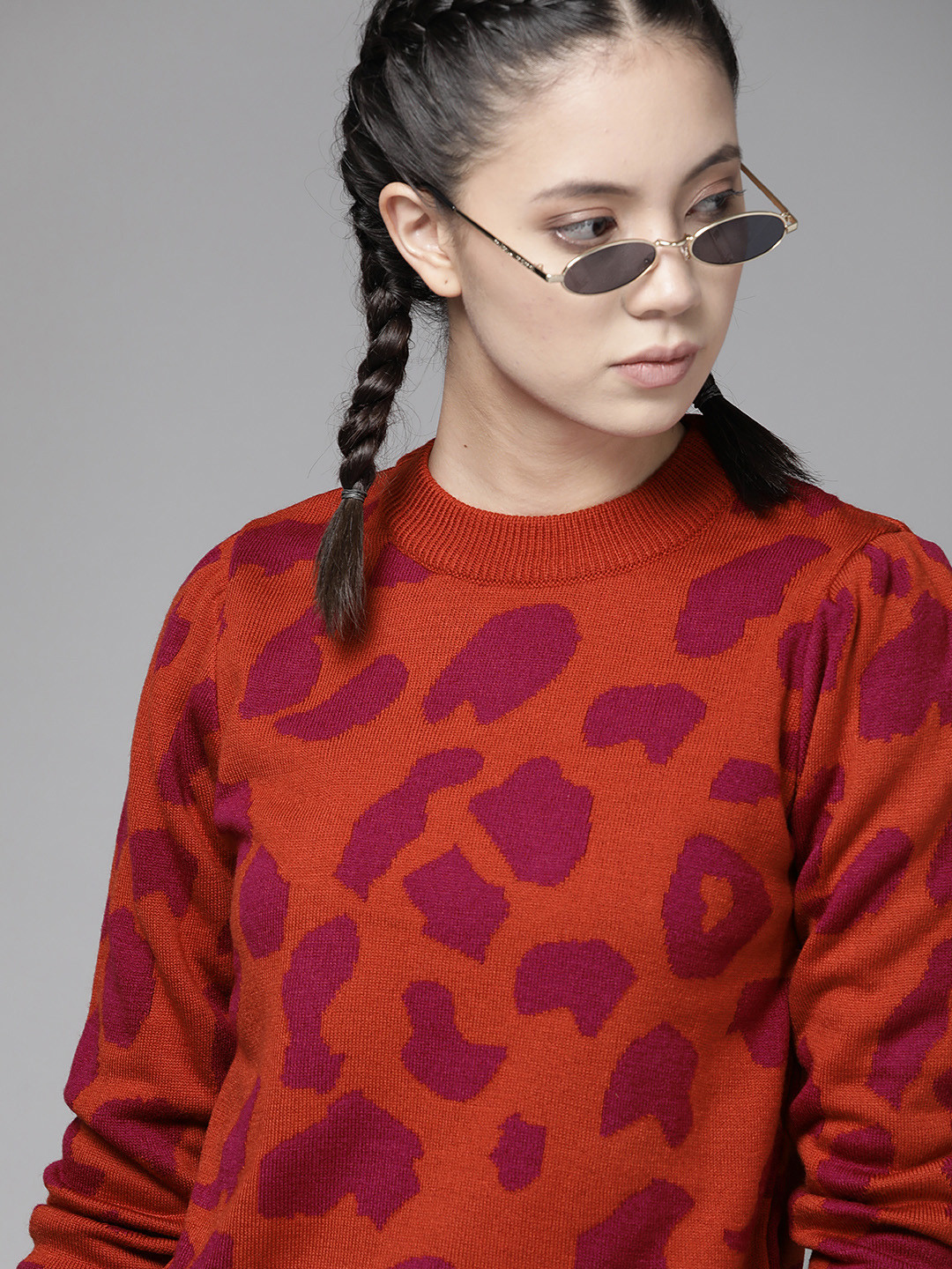 Roadster Women Rust Orange & Magenta Cow Patterned Acrylic Pullover