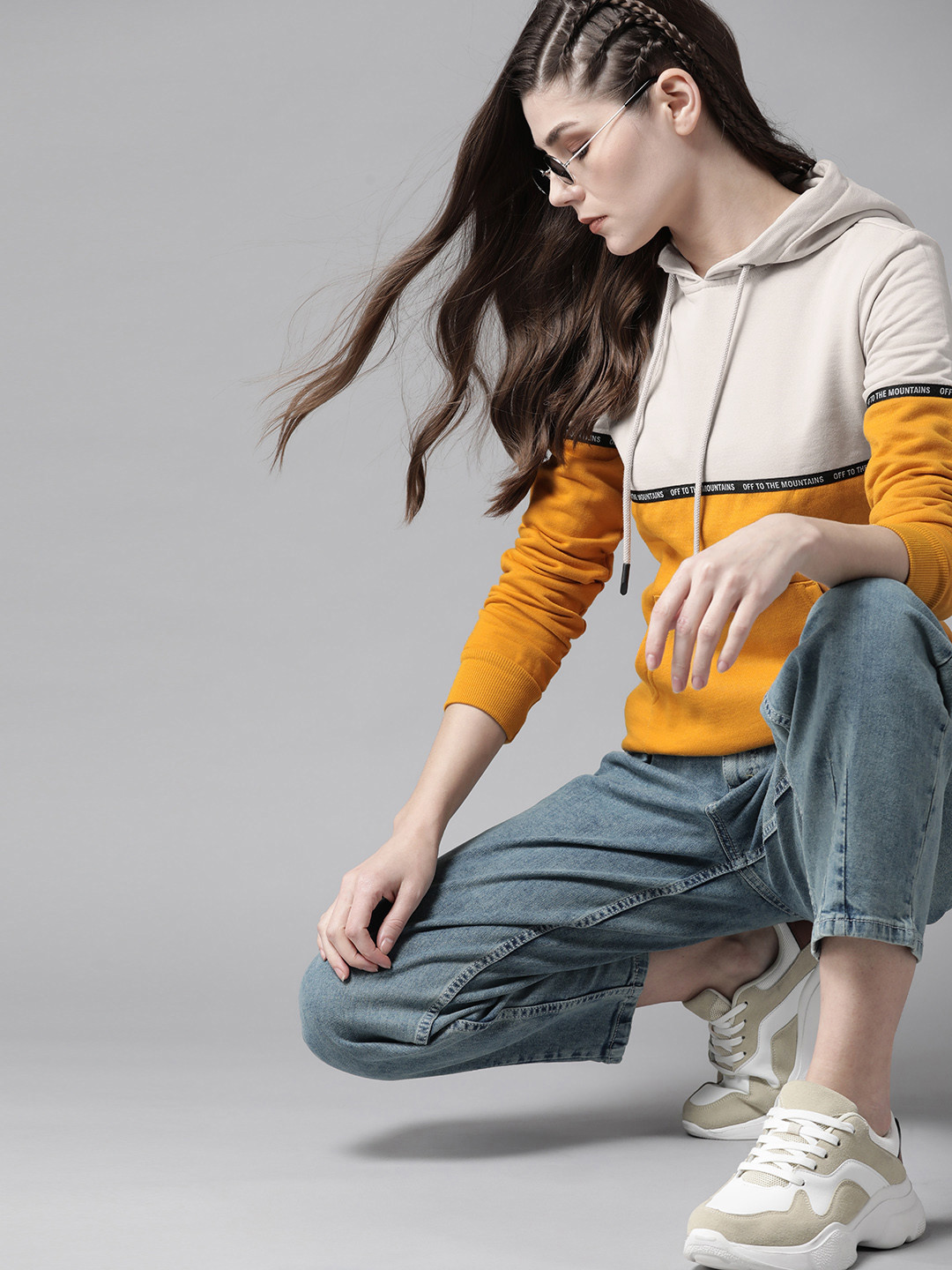Roadster Women Mustard Yellow & Beige Colourblocked Hooded Sweatshirt