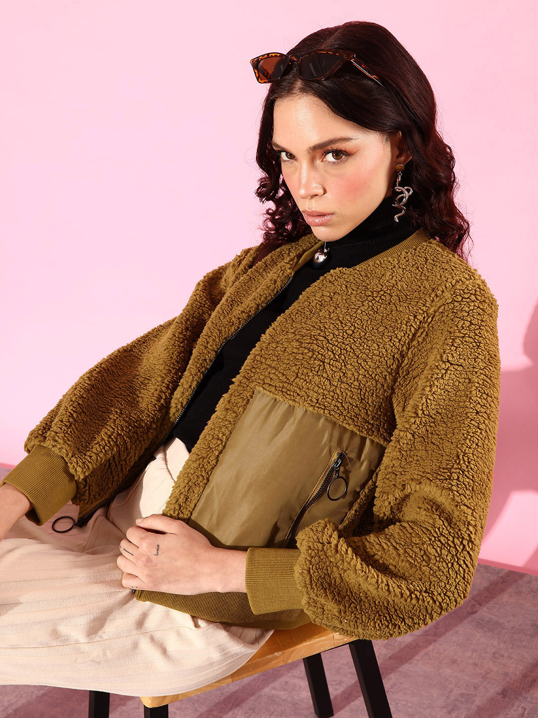 Roadster Women Brown Faux Fur Bomber Jacket