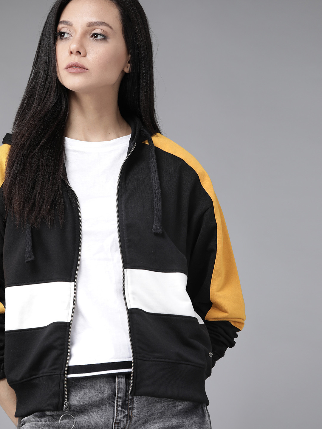 Roadster Women Black & White Colourblocked Hooded Sweatshirt
