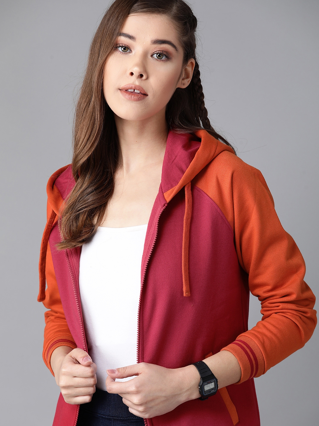 Buy Roadster Women Pink & Orange Solid Hooded Sweatshirt - Sweatshirts for  Women 11991396