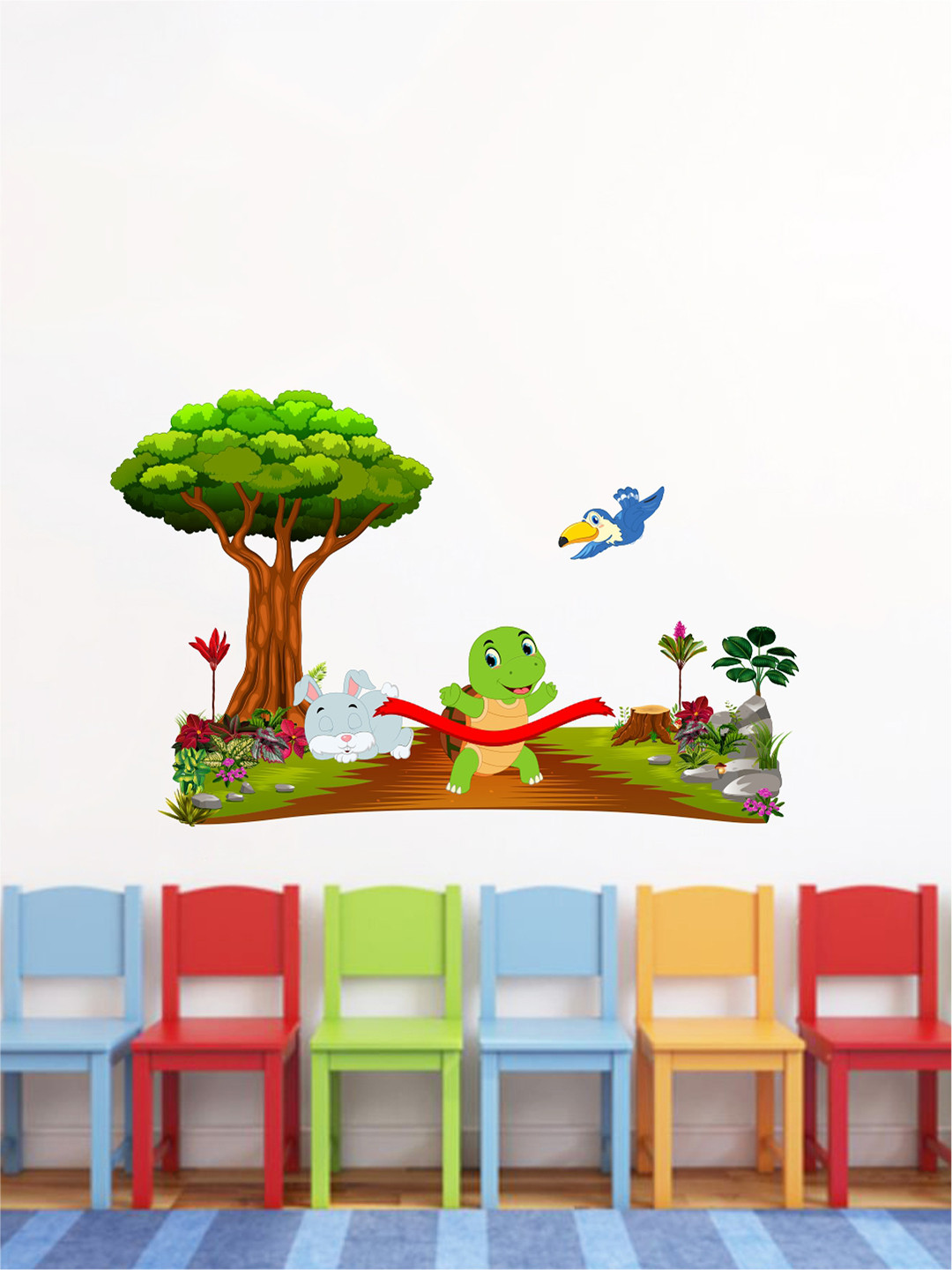 rawpockets Green & Blue The Hare and Tortoise Story PVC Vinyl Wall Stickers