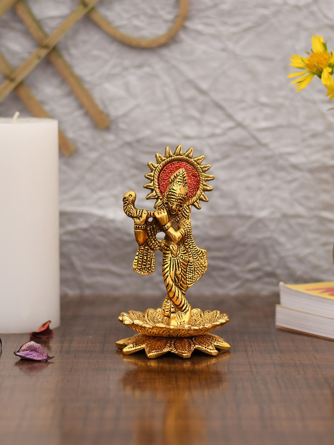 CraftVatika Flute Playing Krishna Gold Metal Metallic Prayer Room Small Showpiece - 5 Inches