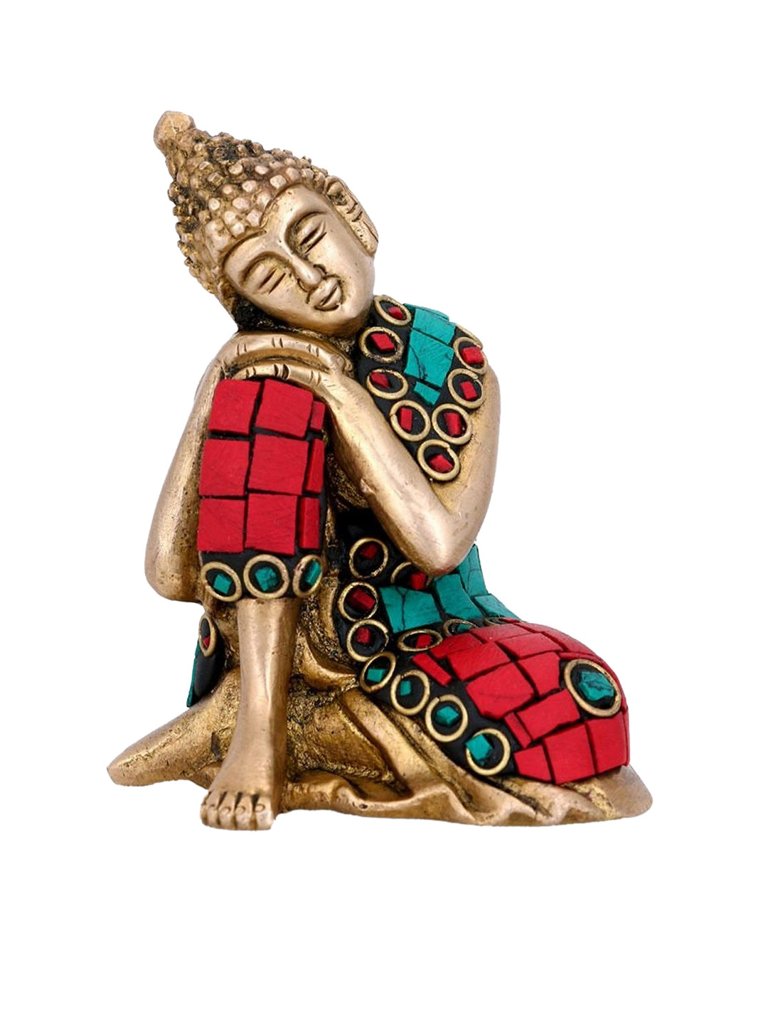 CraftVatika Resting Buddha Gold Brass Metallic Prayer Room Medium Showpiece - 4 Inches