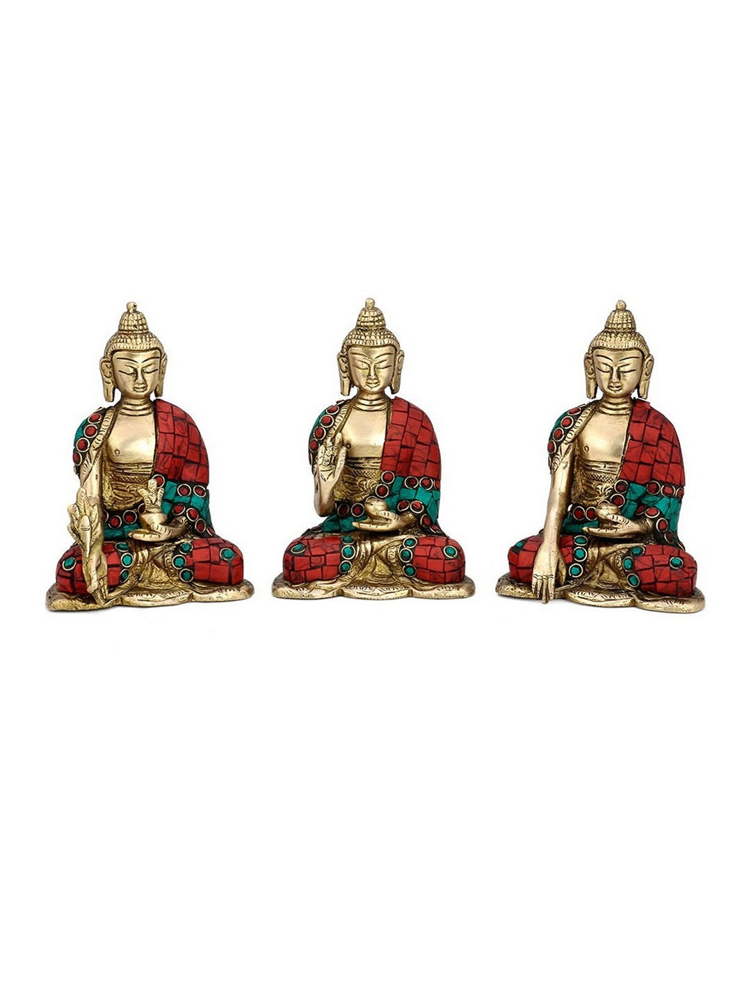 CraftVatika Turquoise Blessing Medicine Meditating Buddha Gold Brass Metallic Living Room Set of 3 Small Showpieces - 5 Inches