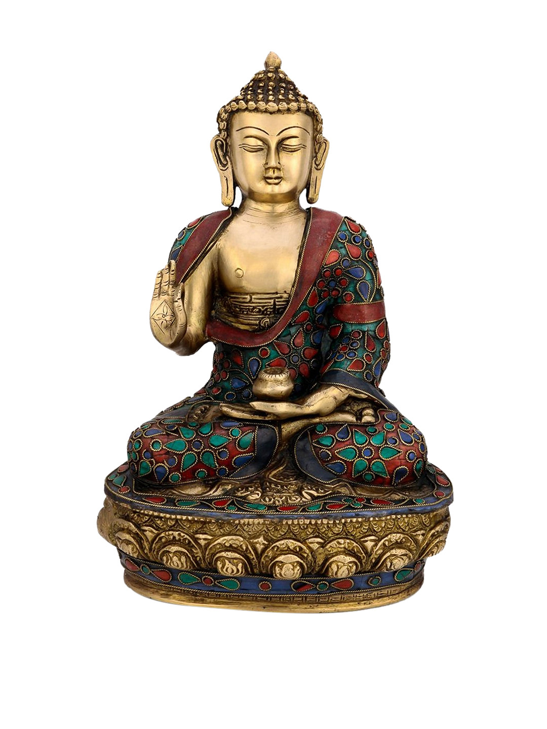 CraftVatika Buddha with Sacred Kalash Gold Brass Metallic Prayer Room Medium Showpiece - 12 Inches
