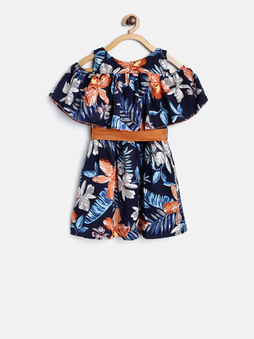 StyleStone Girls Navy Blue & Orange Floral Print Fit and Flare Dress