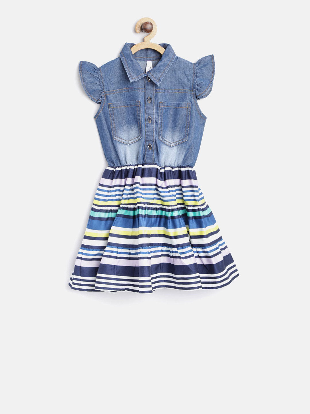 StyleStone Girls Blue Striped Denim Shirt Dress