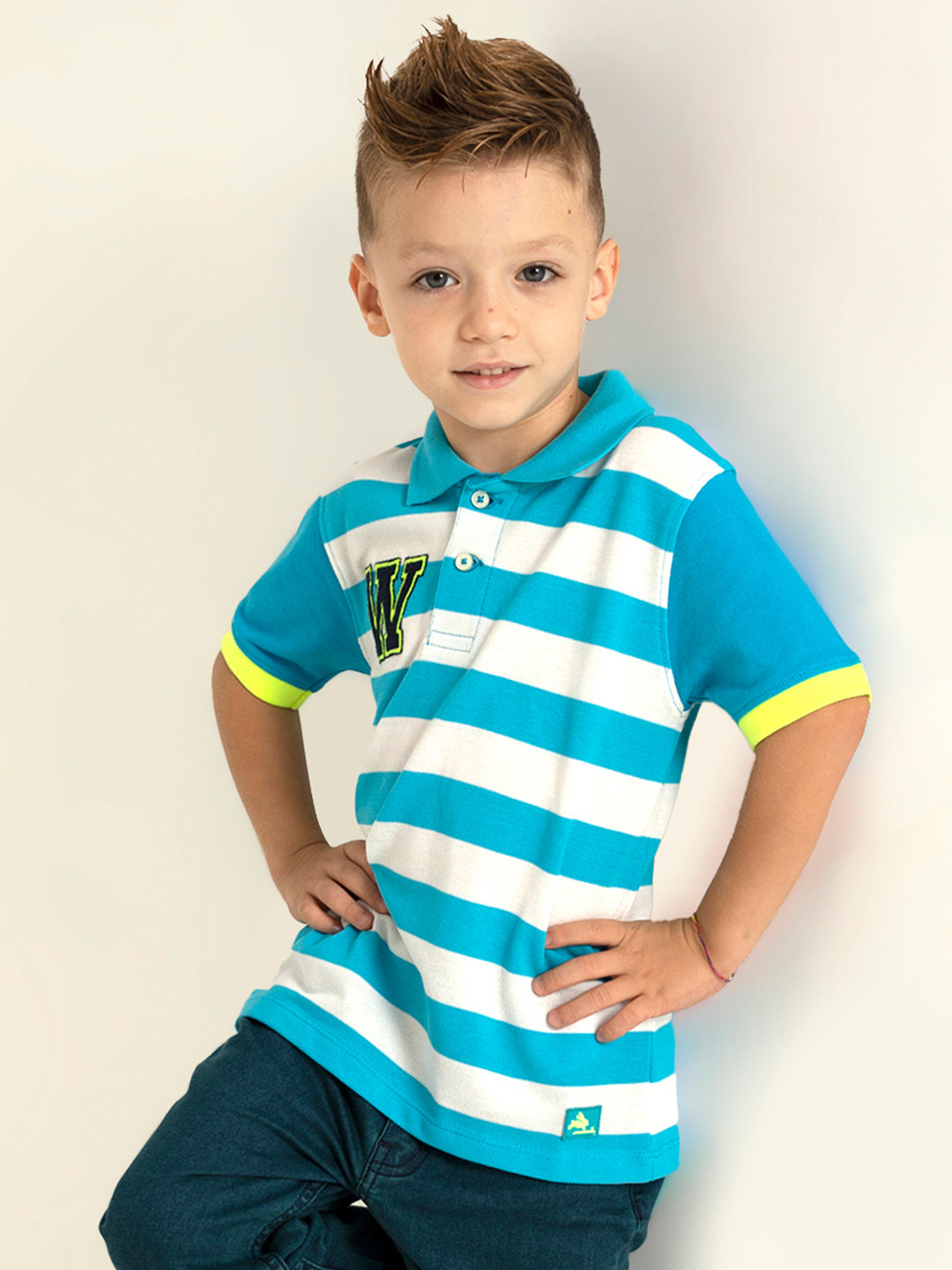 Cherry Crumble Kids Blue & White Striped Polo Collar T-shirt