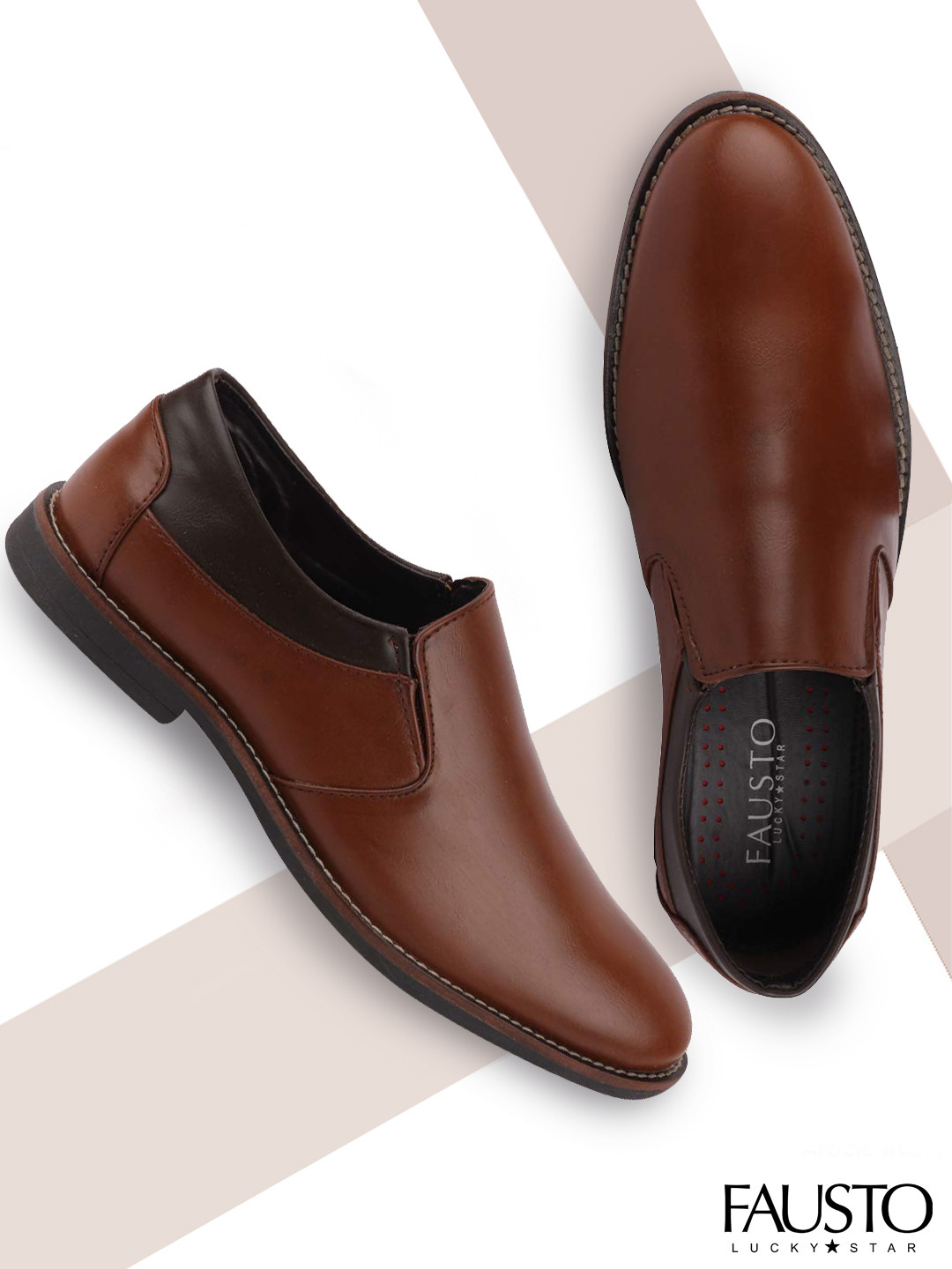 FAUSTO Men Tan Brown Solid Formal Welted Slip-Ons